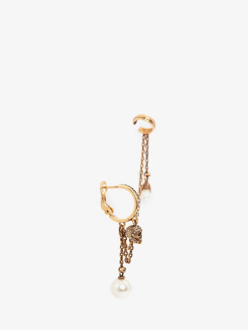 Pearly Skull Chain Ear Cuff in Antique Gold - 2