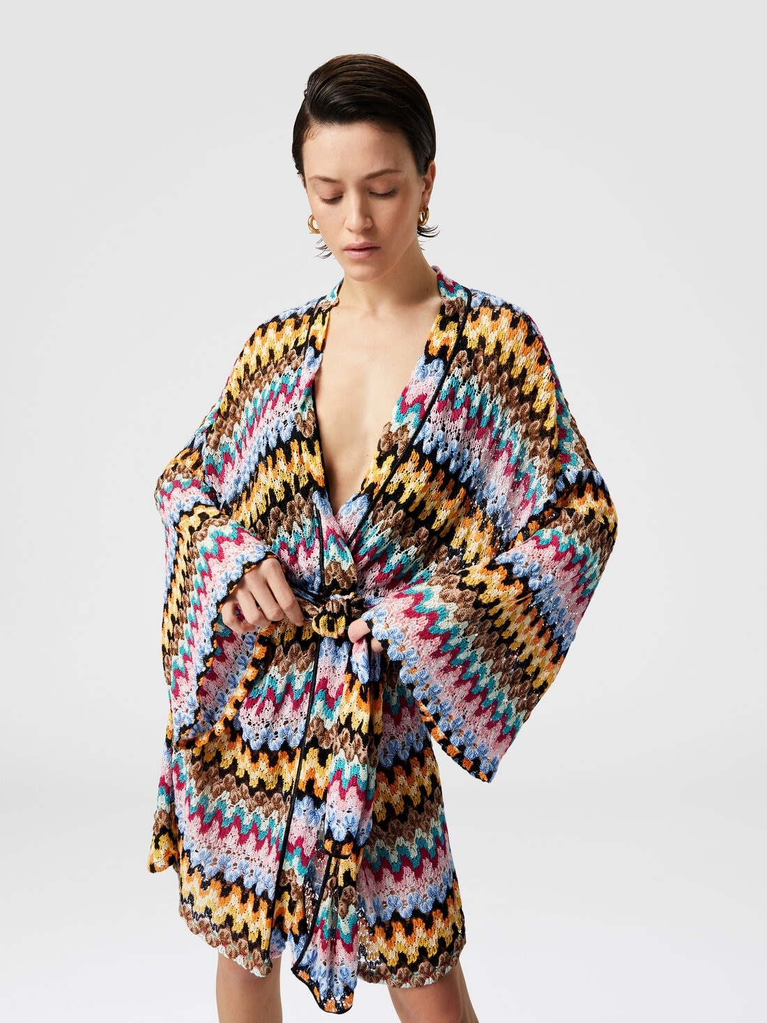 Kimono cover-up in lamé viscose lace with belt - 4