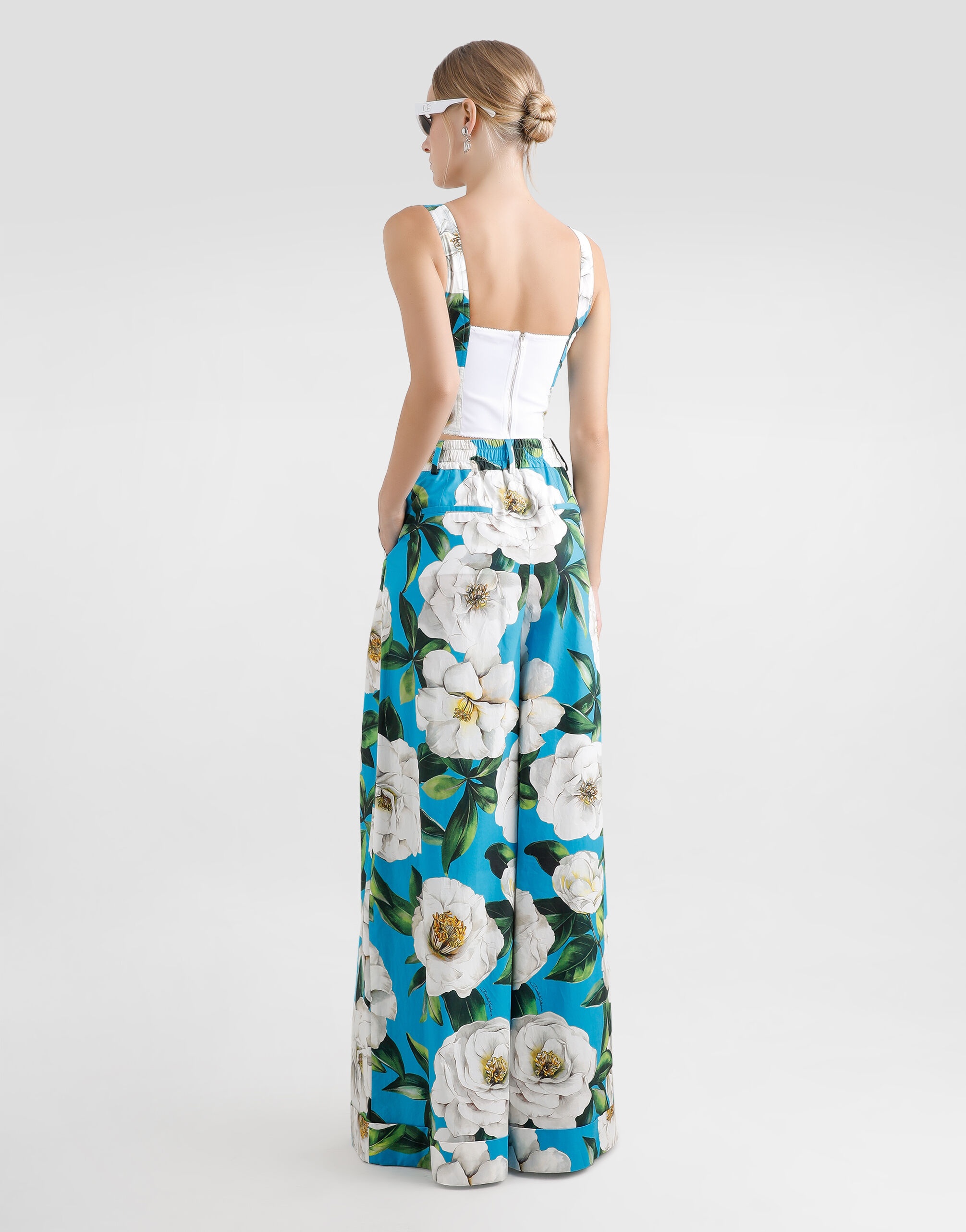 Cotton palazzo pants with gardenia print - 3