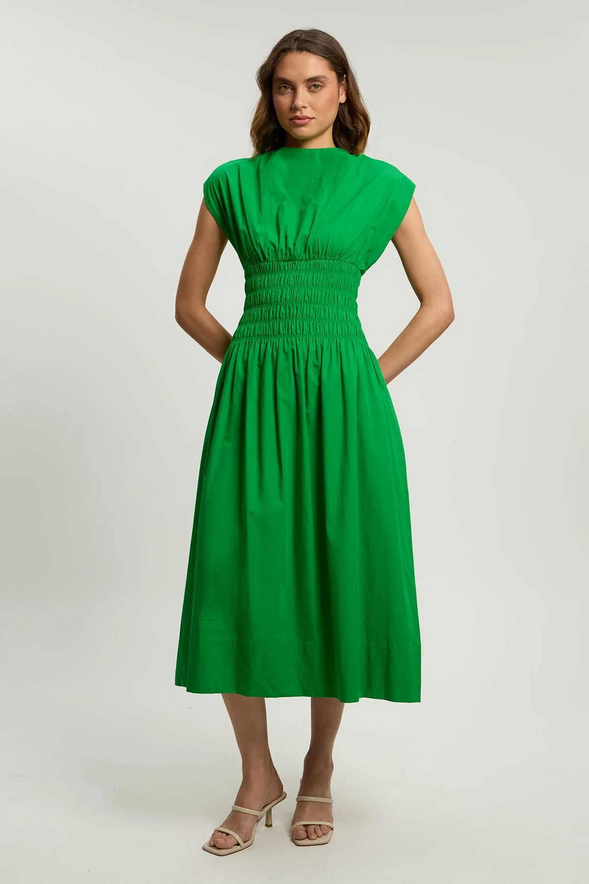 Cotton Poplin Shirred Waist Midi Dress - 1