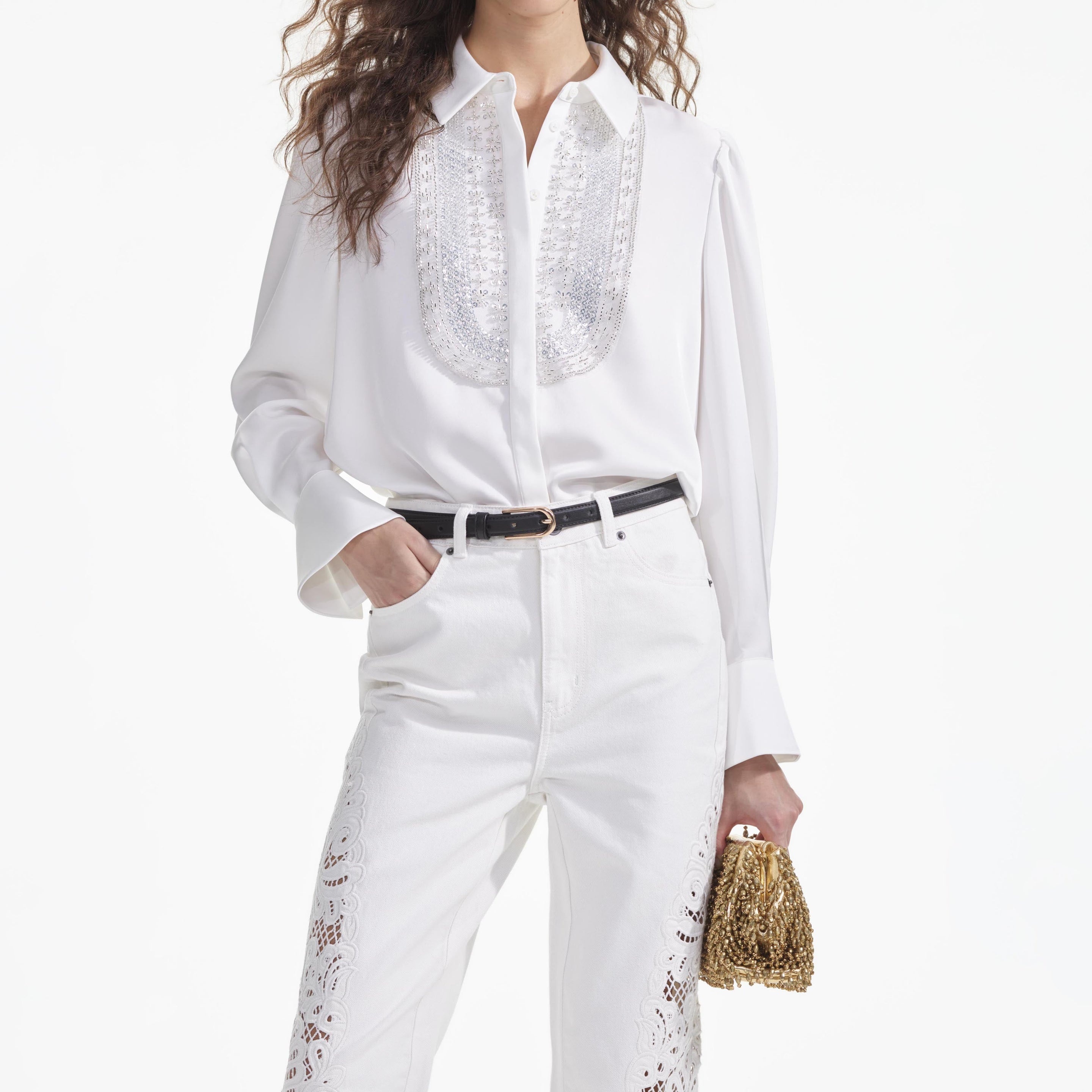 White Satin Embellished Bib Blouse - 4
