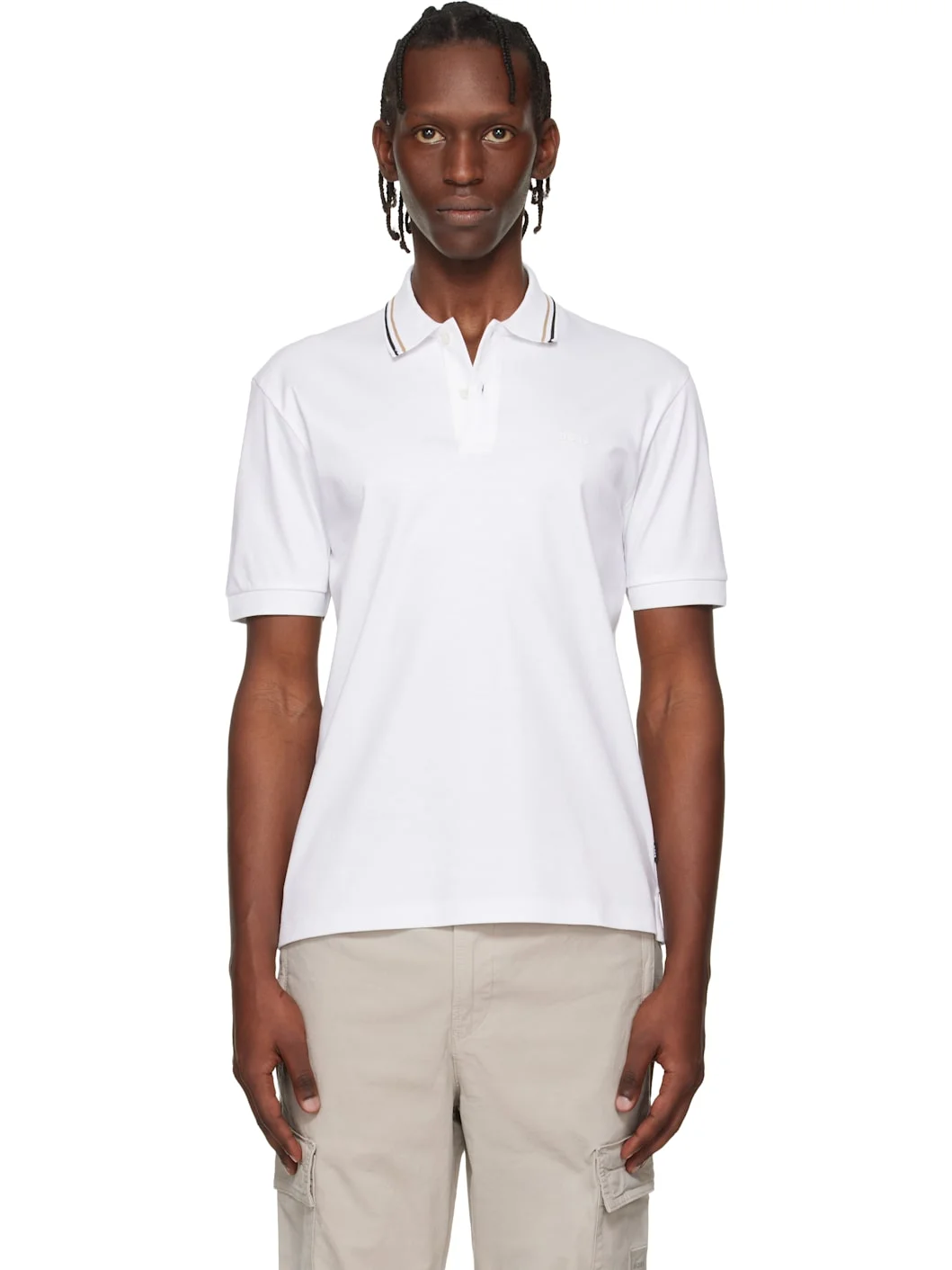 White Cotton Logo Striped-Collar Slim-Fit Polo - 1