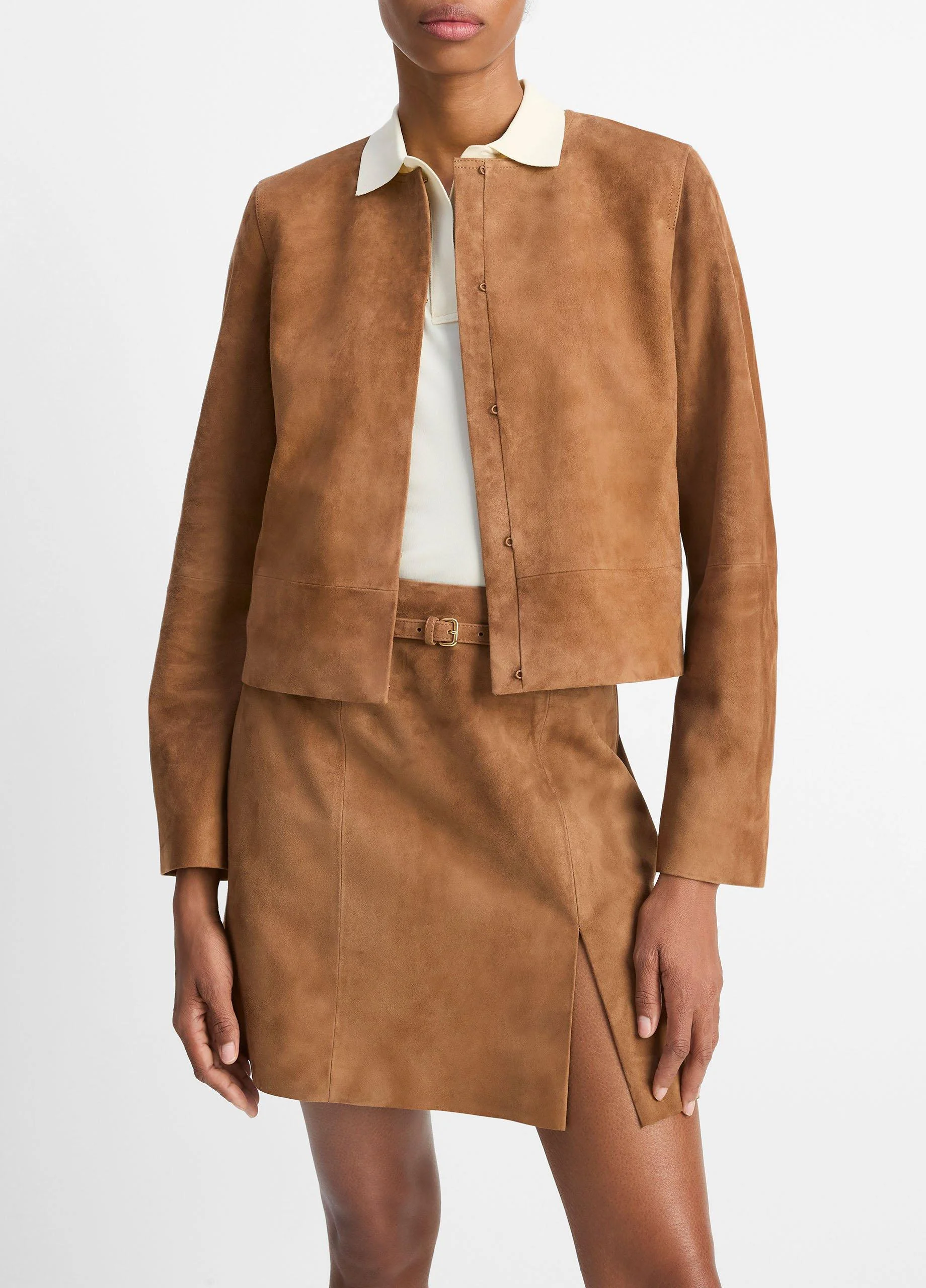 Collarless Cropped Suede Jacket - 1