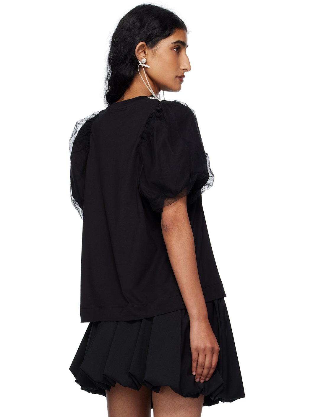 Black Embellished Tulle Overlay Puff Sleeve T-shirt - 3