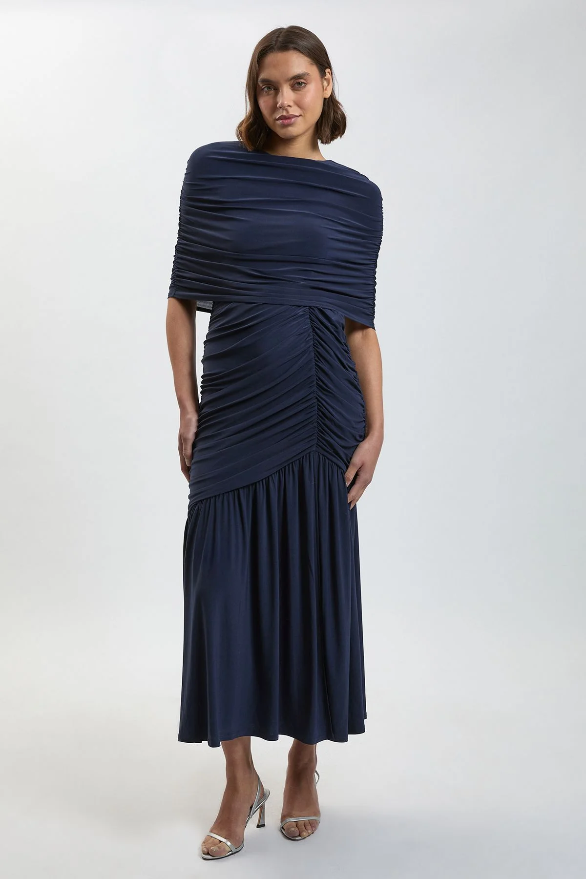 Drapey Crepe Maxi Dress With Gathered Cape Detail - 1