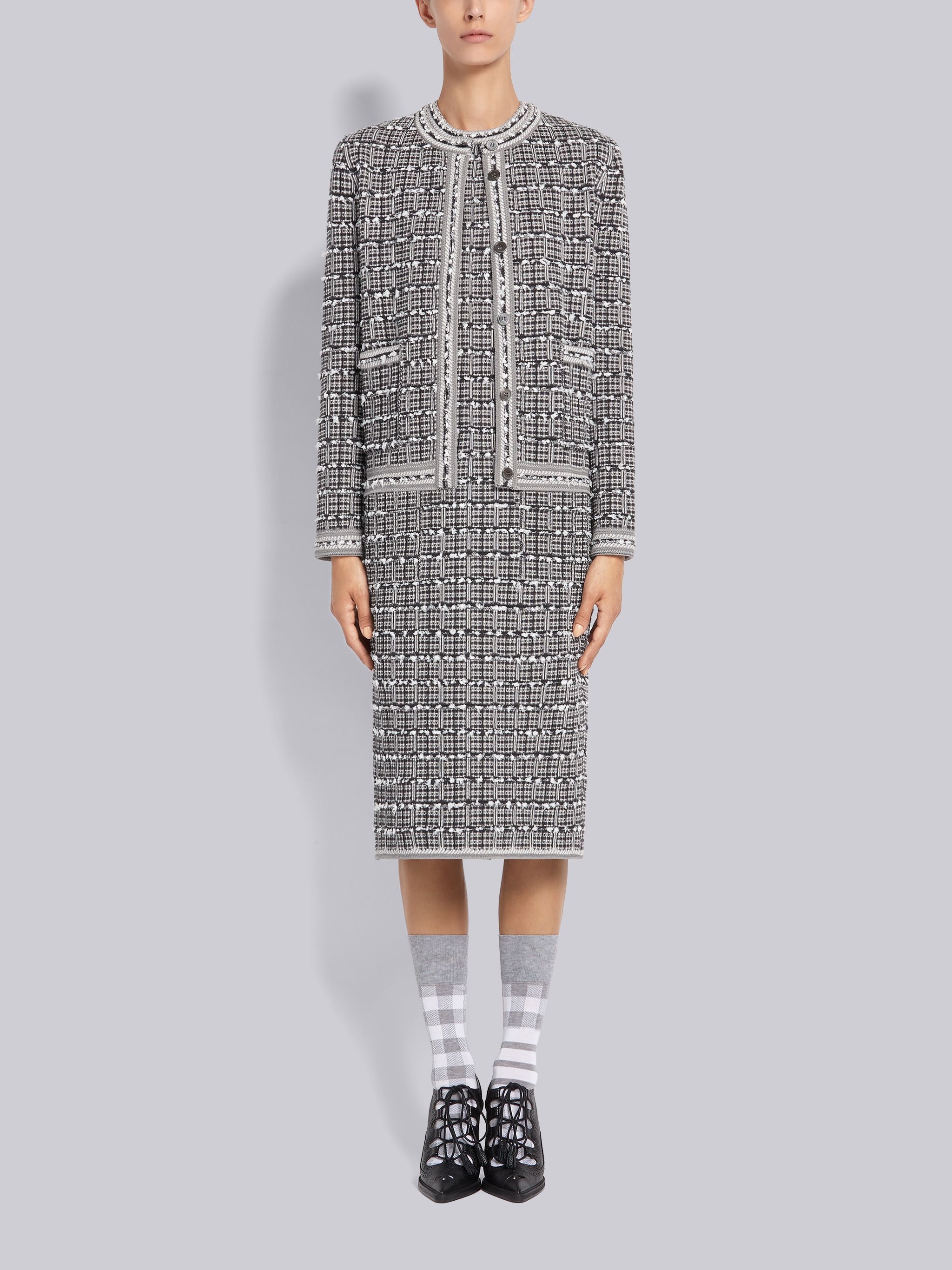 Medium Grey Cotton Viscose Windowpane Jacquard Sleeveless Pencil Dress - 4