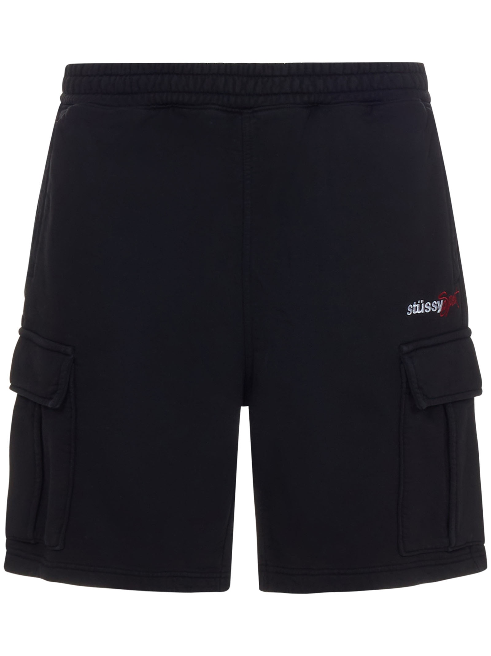 Sports cargo shorts in black cotton with contrasting logo embroidery on the left leg. - 1