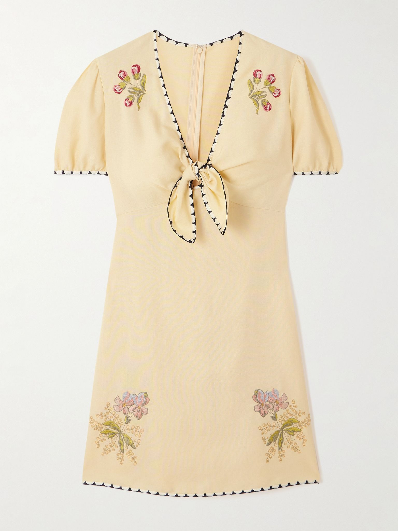 Printed twill-trimmed embroidered woven mini dress Cream - 1