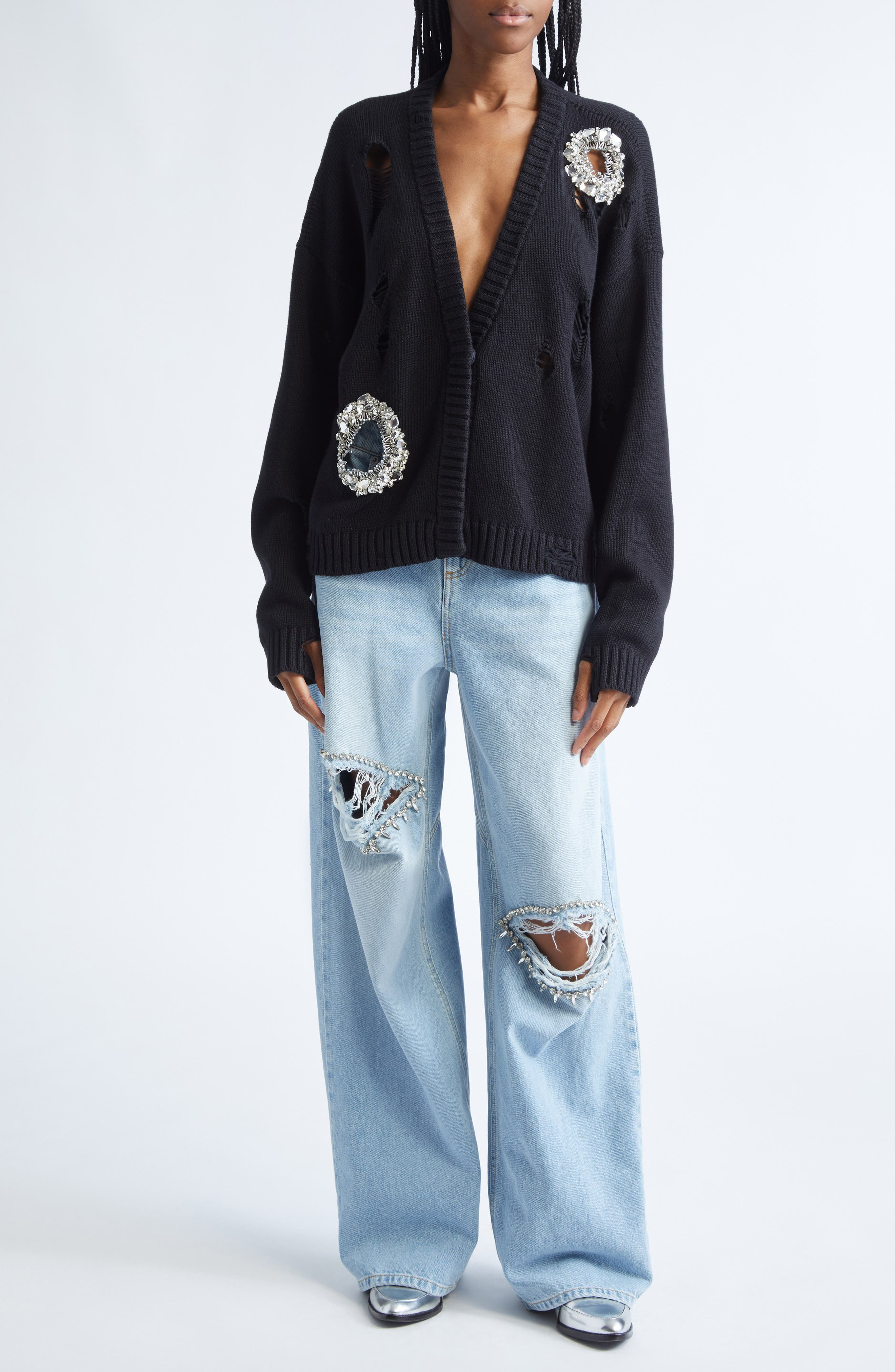 Area Distressed Crystal Trim Relaxed Slit Jeans in Medium Blue at Nordstrom - 2