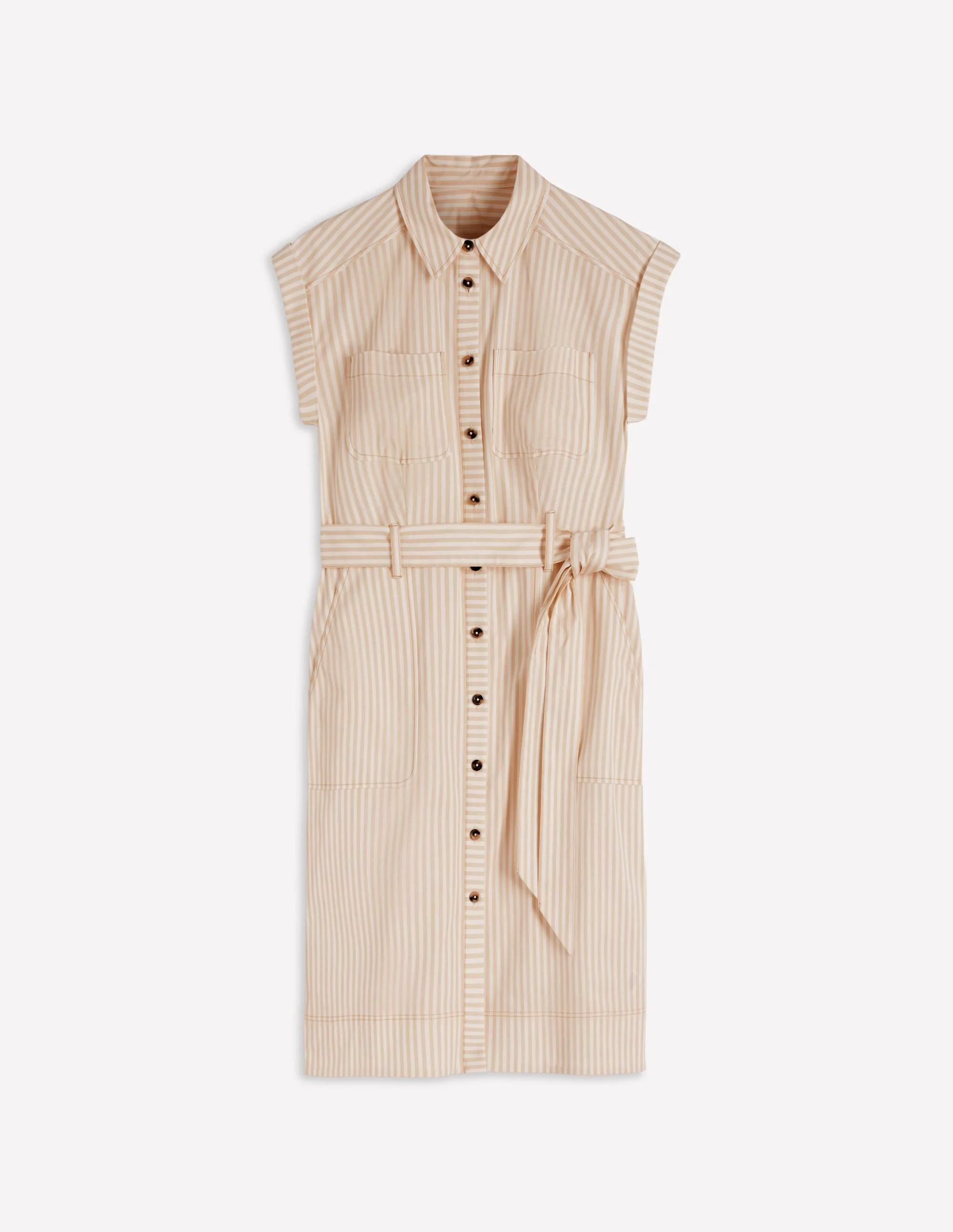 Short Belted Shirt Dress-Brown Fine Stripe - 1