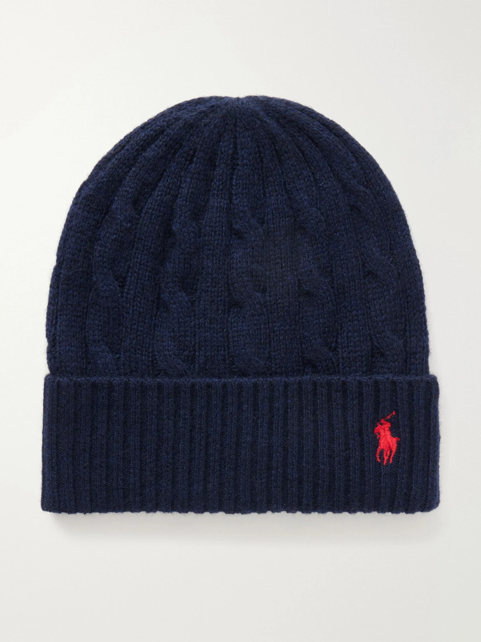 Logo-embroidered cable-knit wool and cashmere-blend beanie Navy - 1