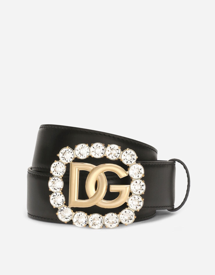 Calfskin belt with DG logo and rhinestones - 1