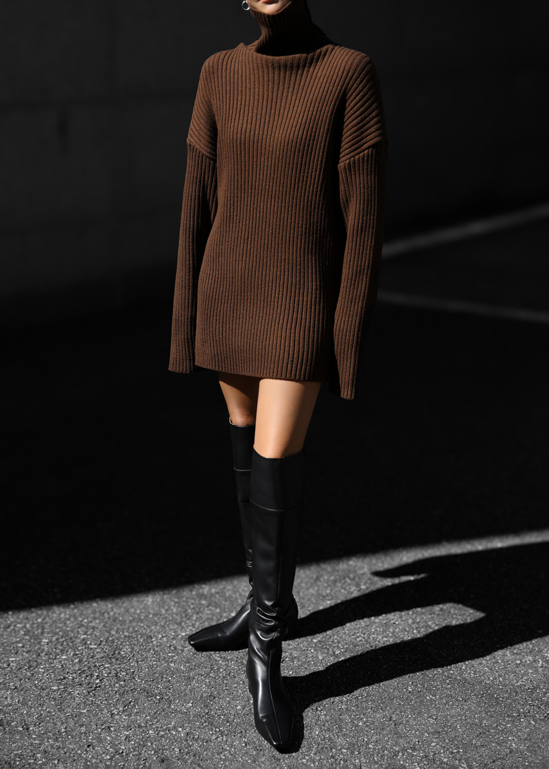 Thelma Ribbed Sweater Dress - Brown 3