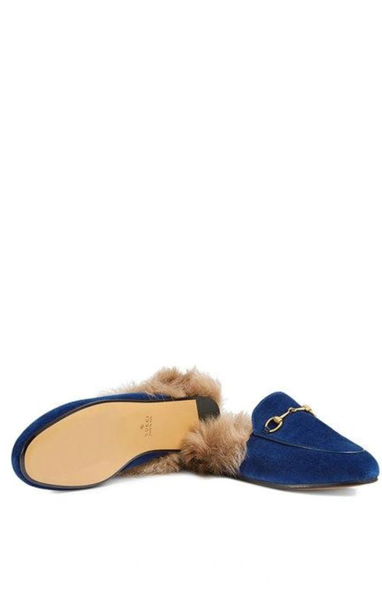 Blue Velvet & Fur Princetown Slippers - 6