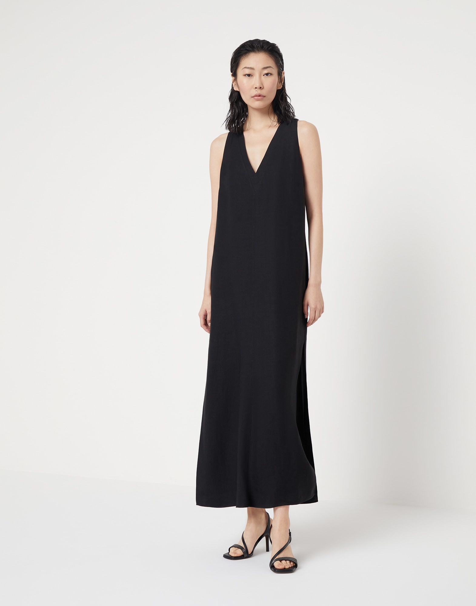 Viscose and linen fluid twill dress with monili - 1