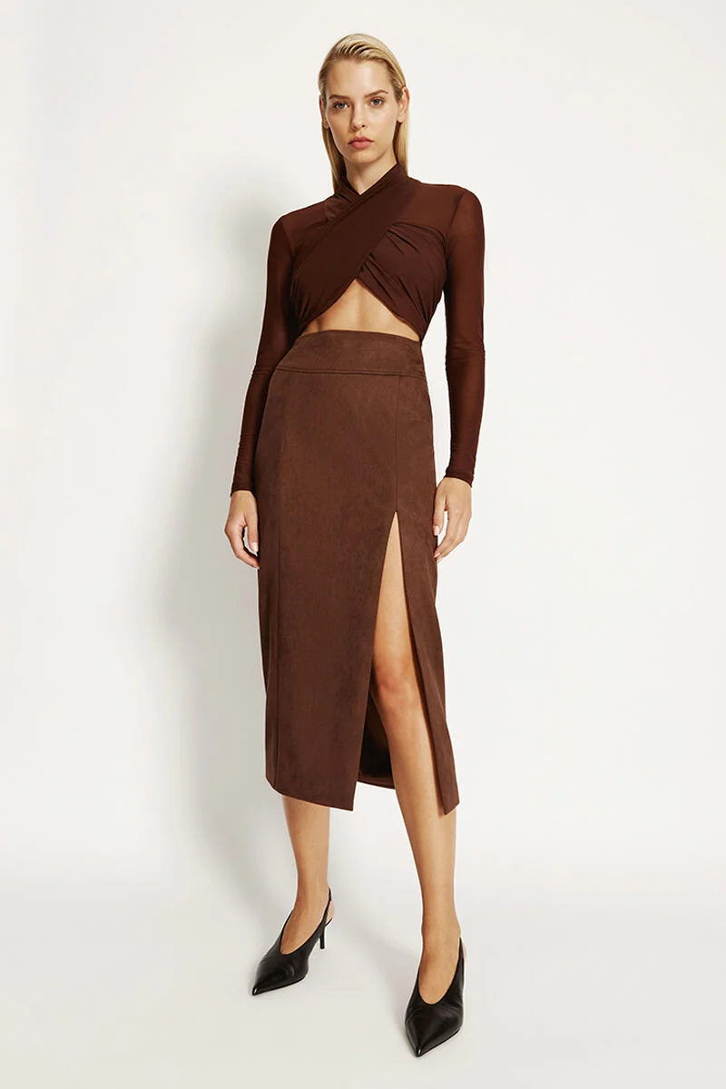 Dante Vegan Suede Midi Skirt In Chocolate - 1