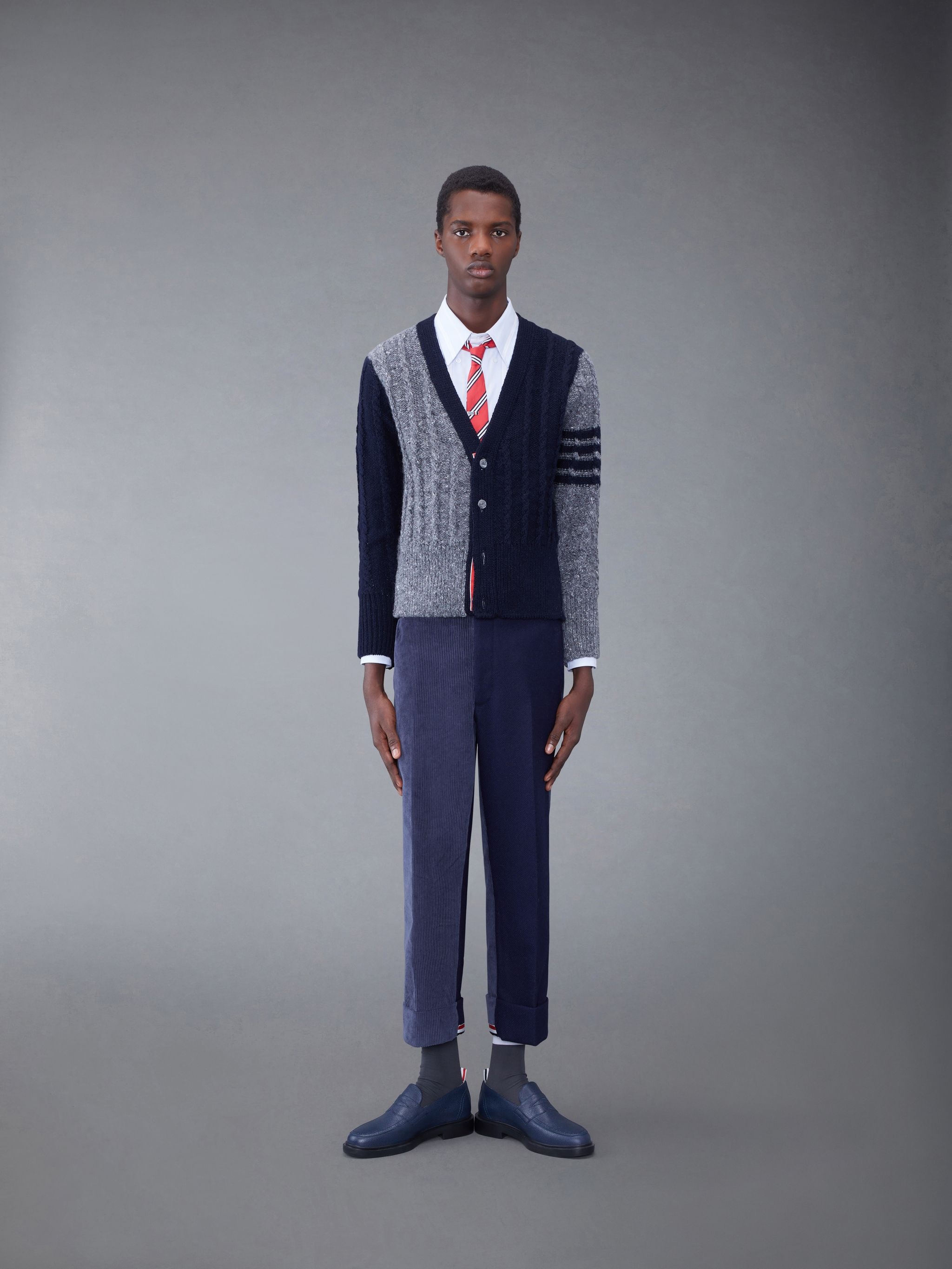 Thom Browne Fun-Mix Donegal Cable 4-Bar V-neck Cardigan