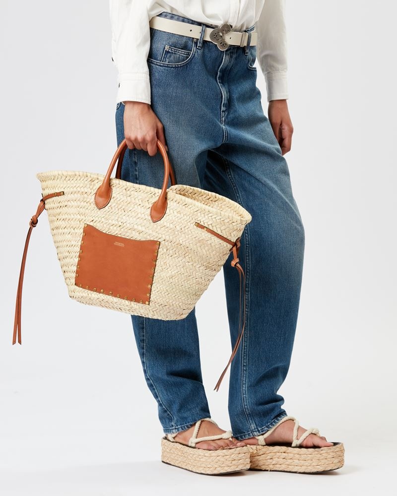 CADIX RAFFIA AND LEATHER BASKET BAG - 4