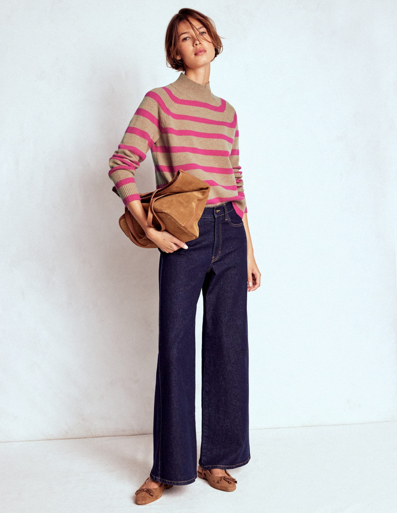 Marion Merino Rib Neck Sweater-Camel, Brilliant Pink Stripe 6
