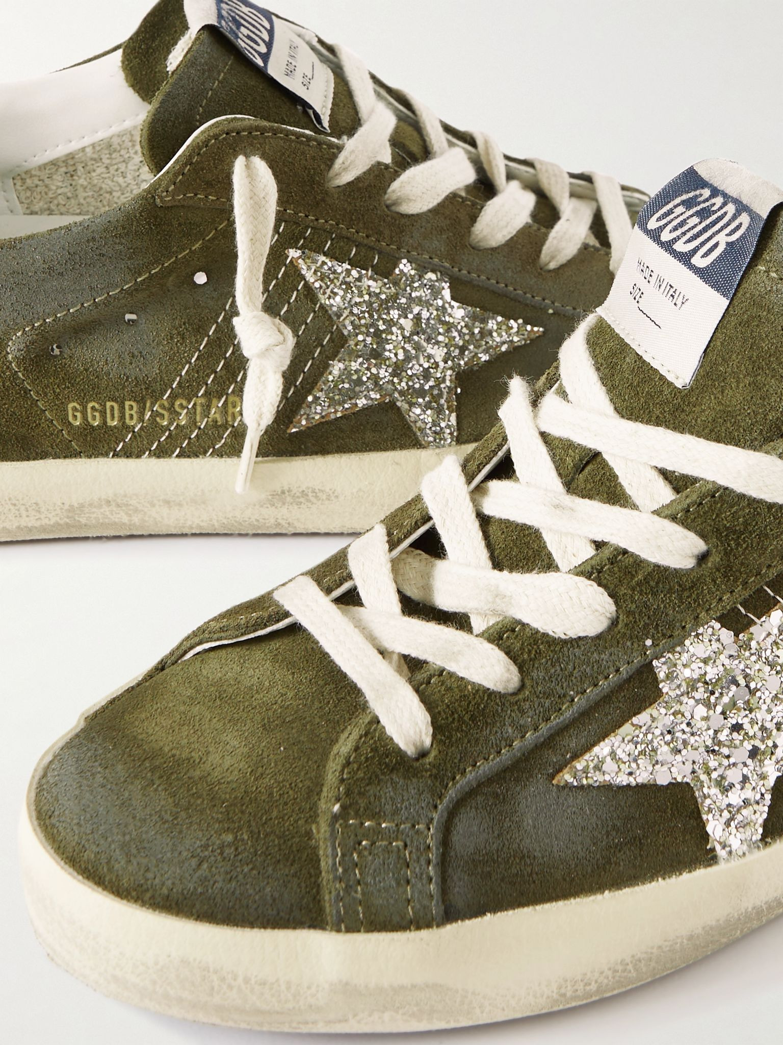 Super-Star leather-trimmed glittered distressed suede sneakers Dark green - 4