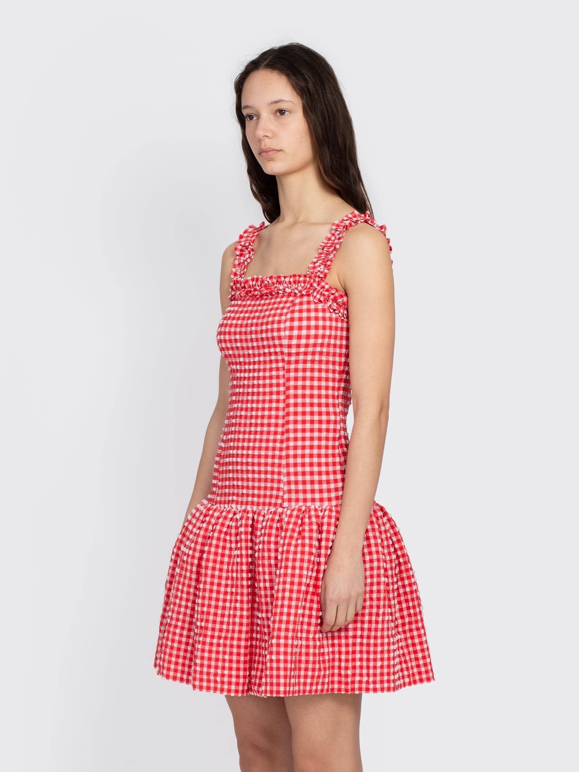 Stretch Seersucker Strap Ruffle Mini Dress - 2