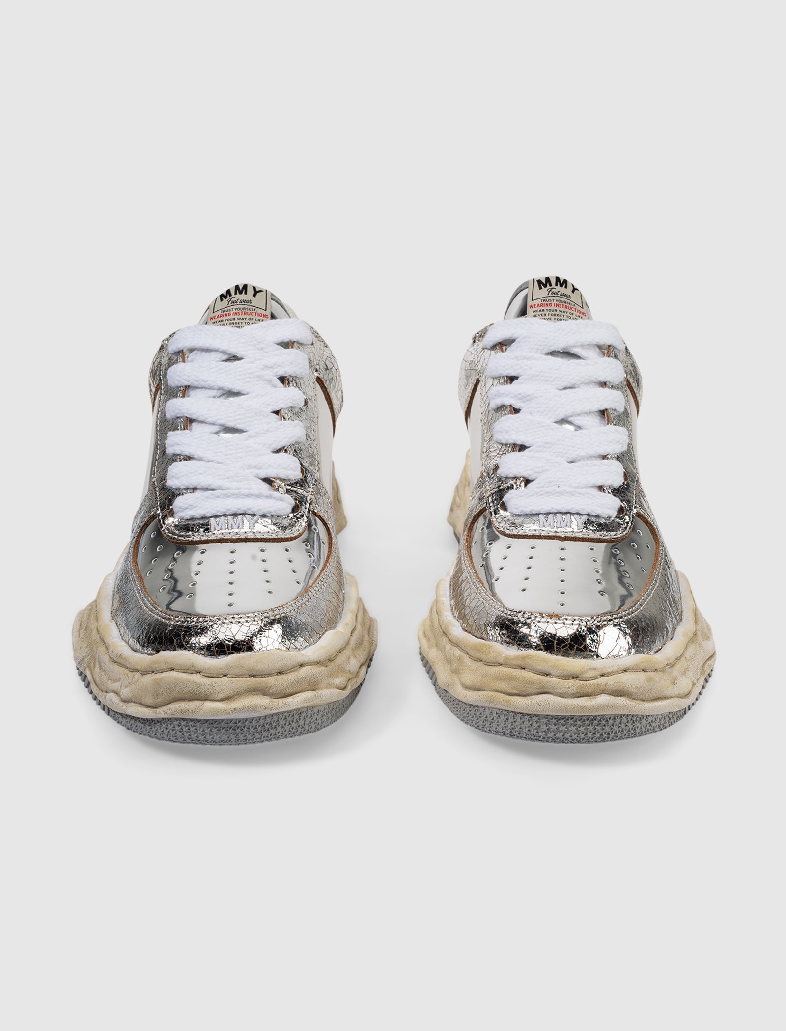 WAYNE LOW TOP CRACKING LEATHER SNEAKERS "SILVER" - 5