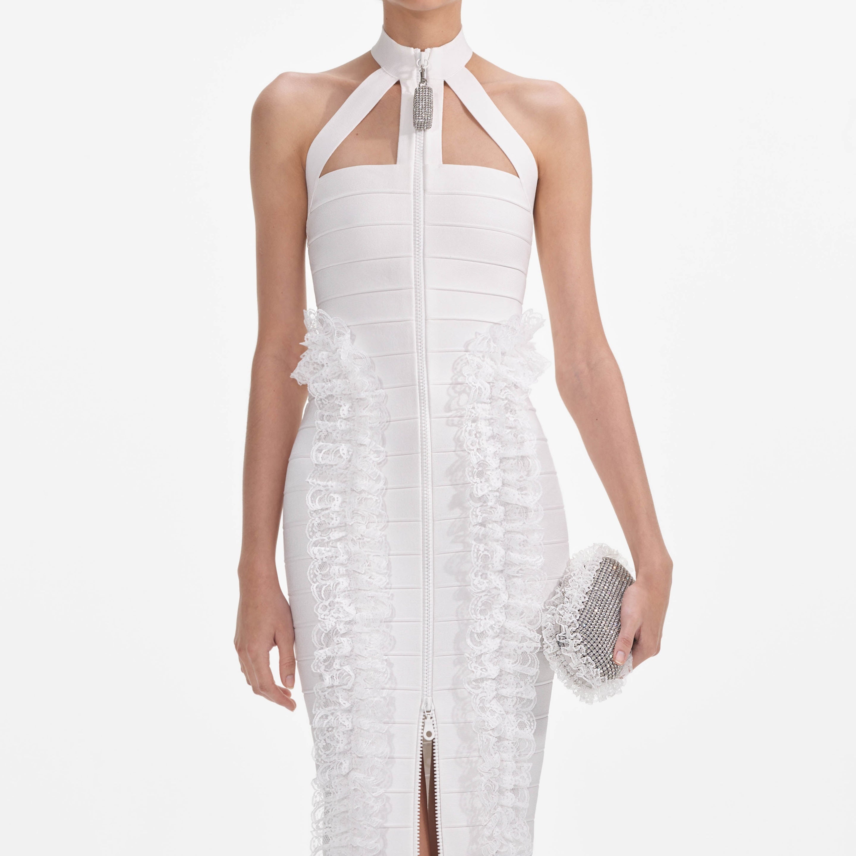 White Knit Zip Ruffle Maxi Dress - 4