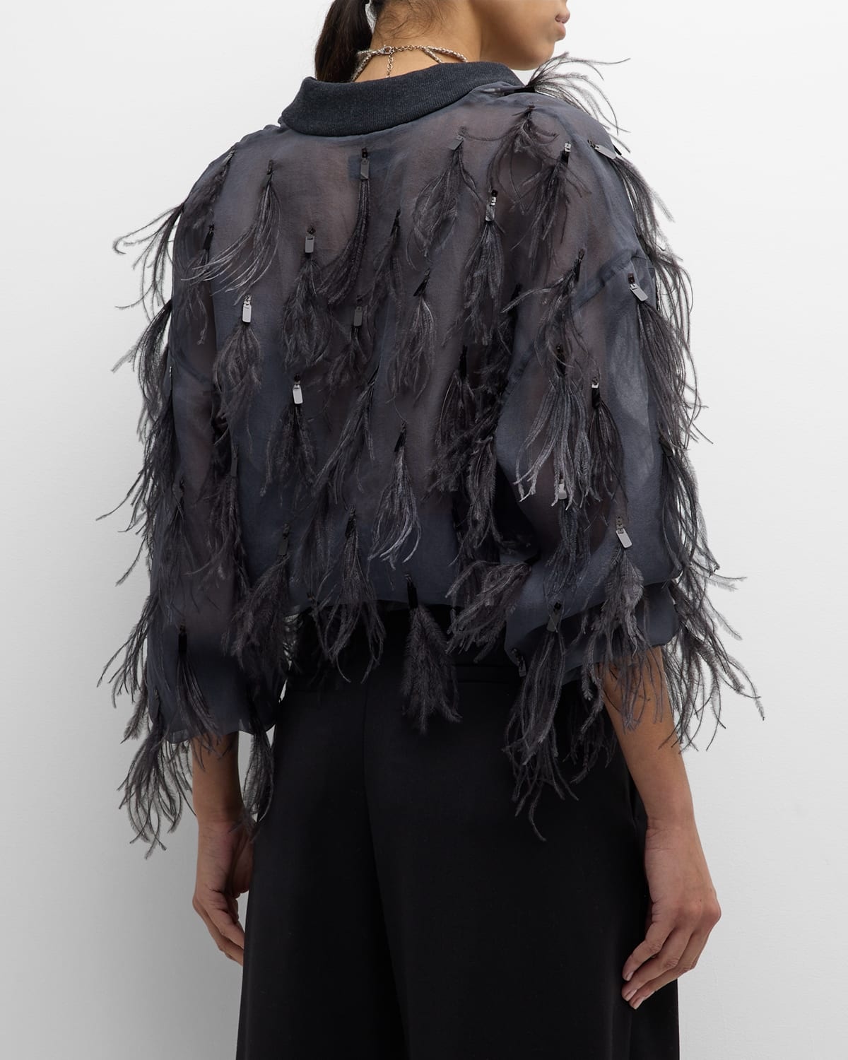 Crispy Silk Organza Bomber Jacket with Feather and Shiny Embroidery - 6