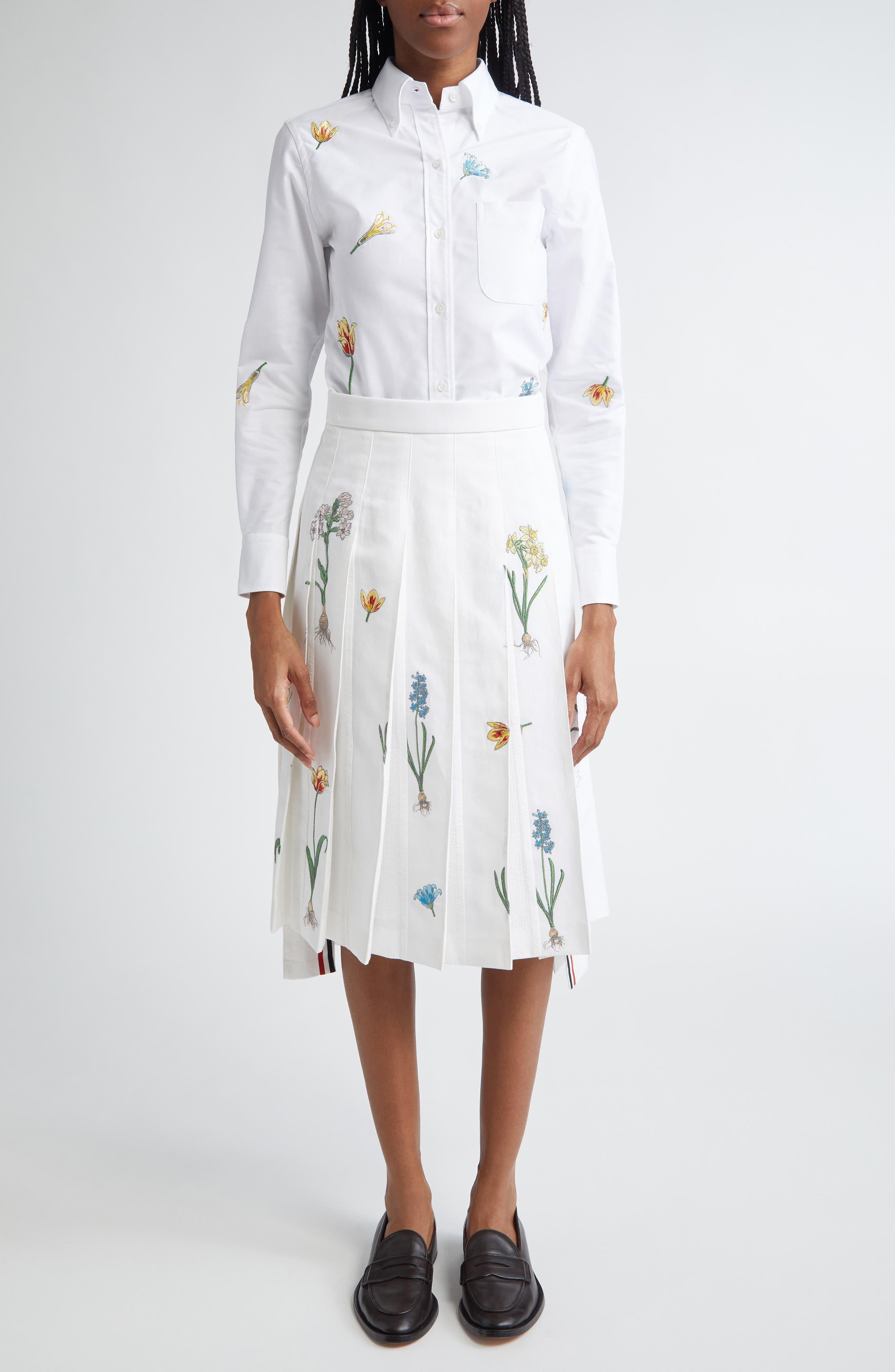 Thom Browne Botanical Embroidered Pleated Cotton & Linen Midi Skirt in White at Nordstrom - 2