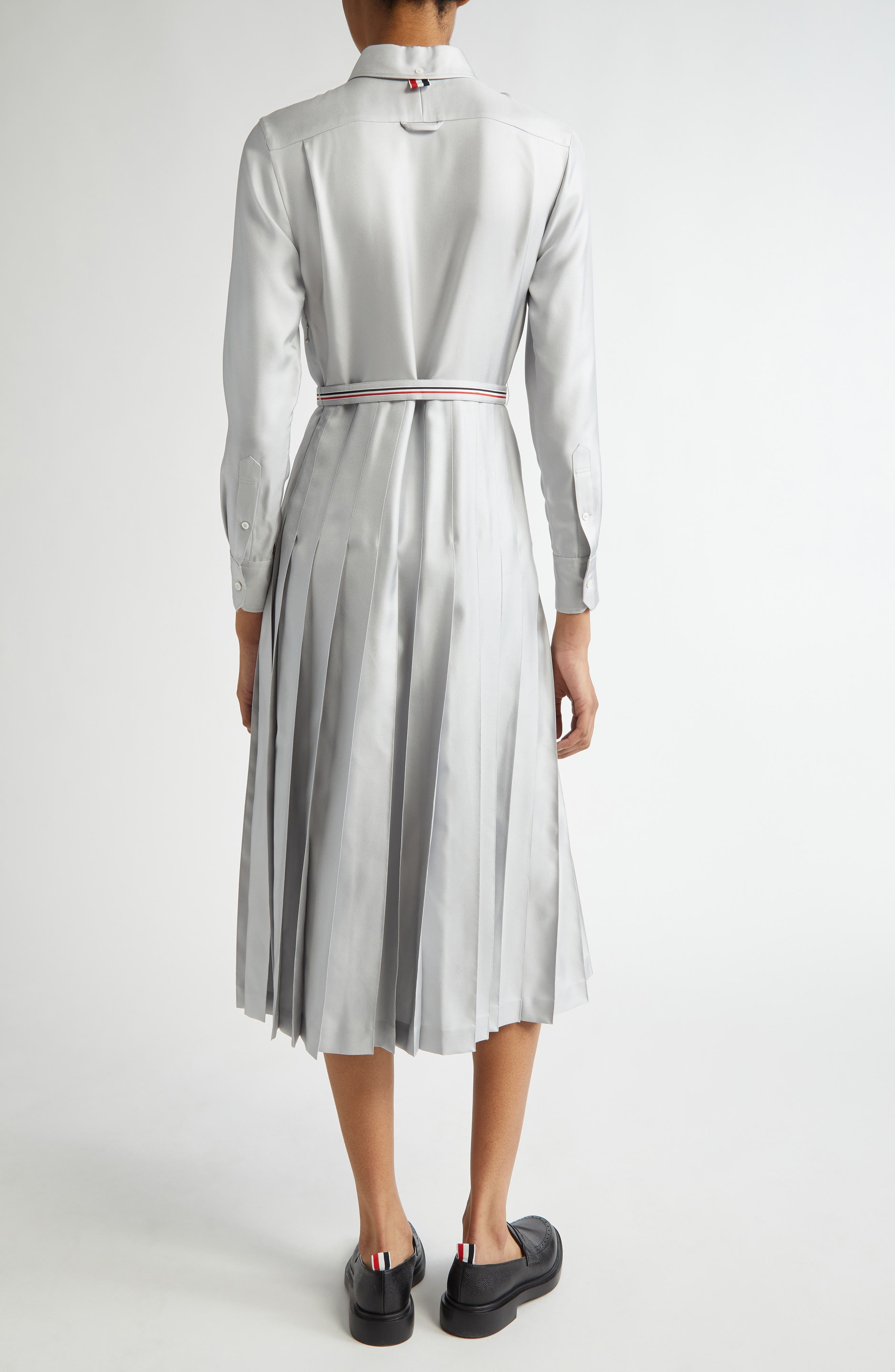 Thom Browne Long Sleeve Pleated Silk Midi Shirtdress in Light Grey at Nordstrom - 2