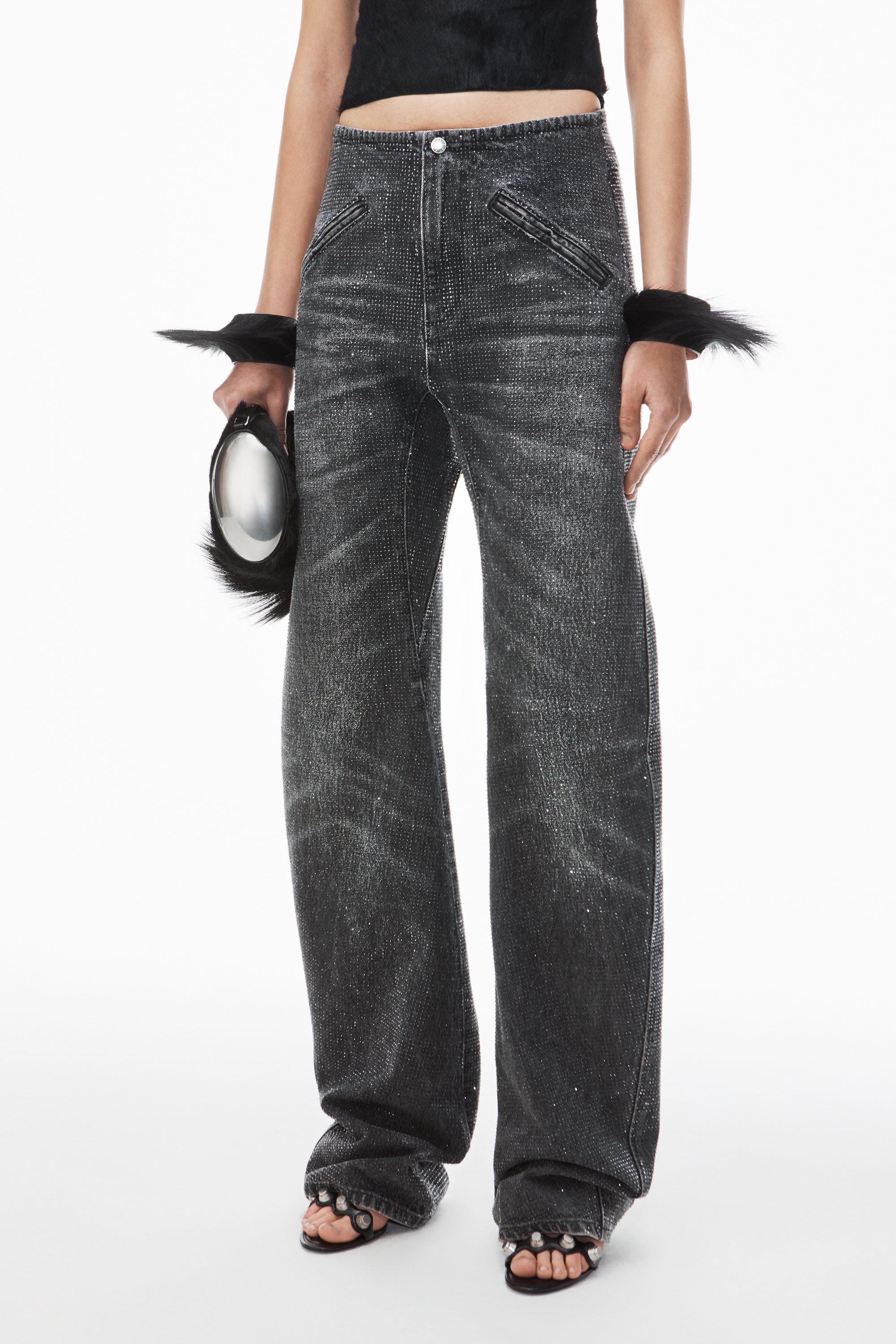 clear crystal hotfix moto pant in cotton denim - 4