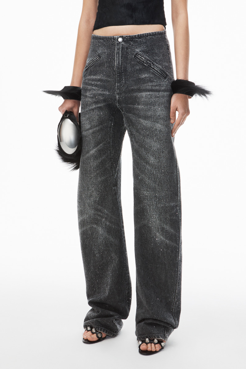 clear crystal hotfix moto pant in cotton denim 4