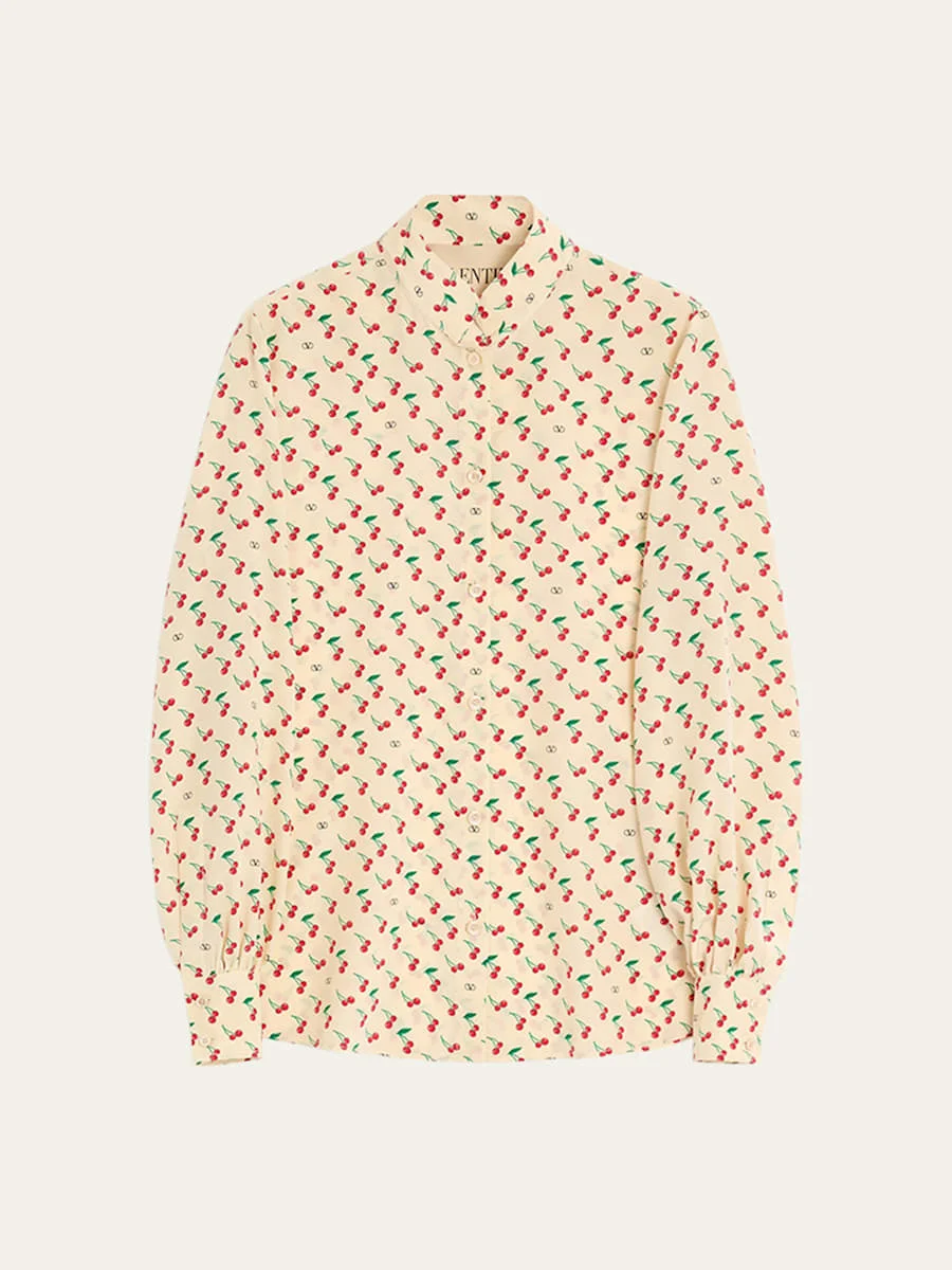 Cherry Print Crepe De Chine Button-Down Blouse - 1