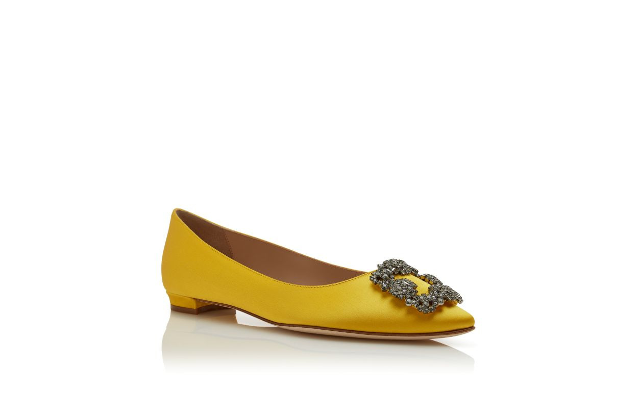 Yellow Satin Jewel Buckle Flat Shoes - 3