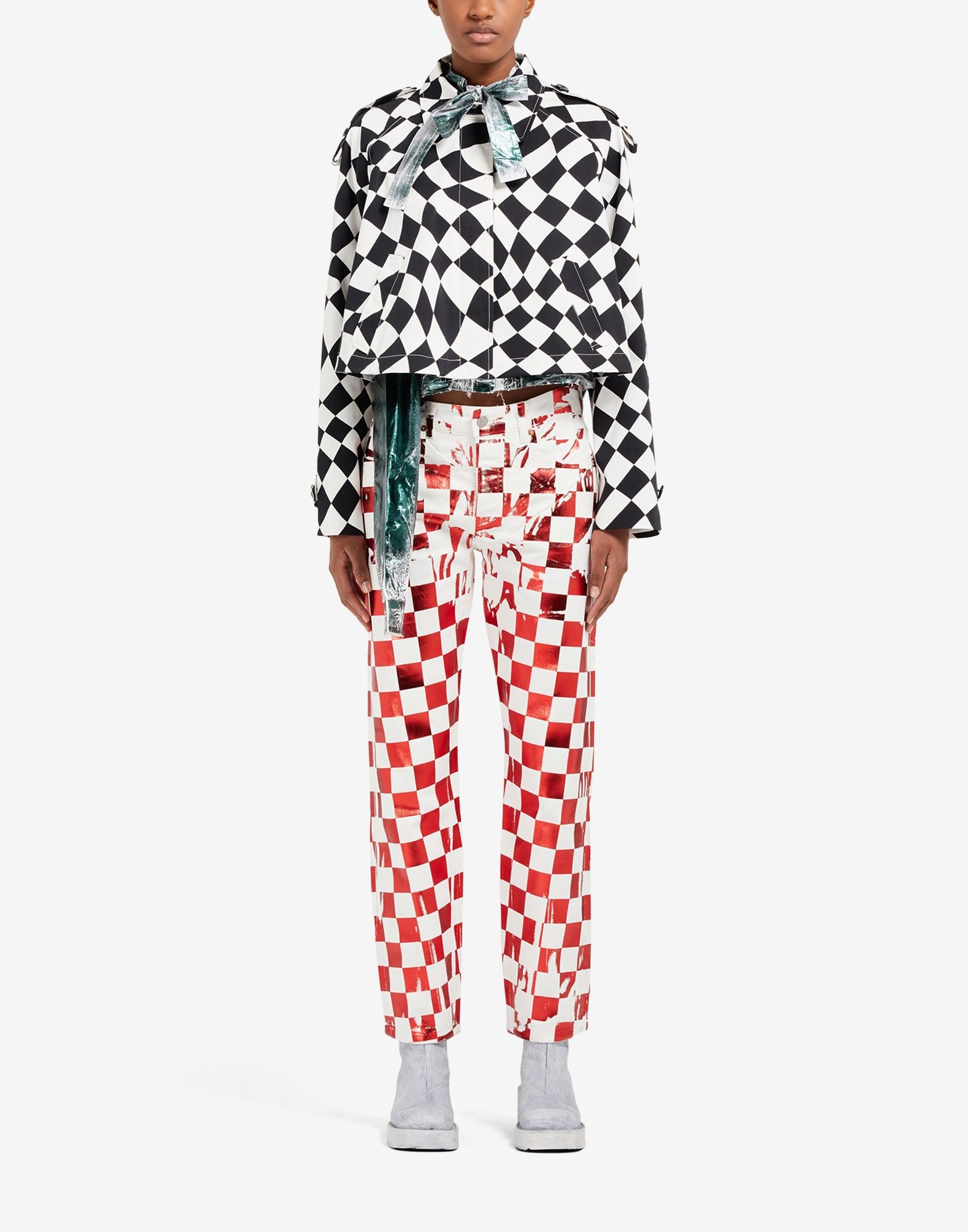 Distorted chess print crop trench coat - 2