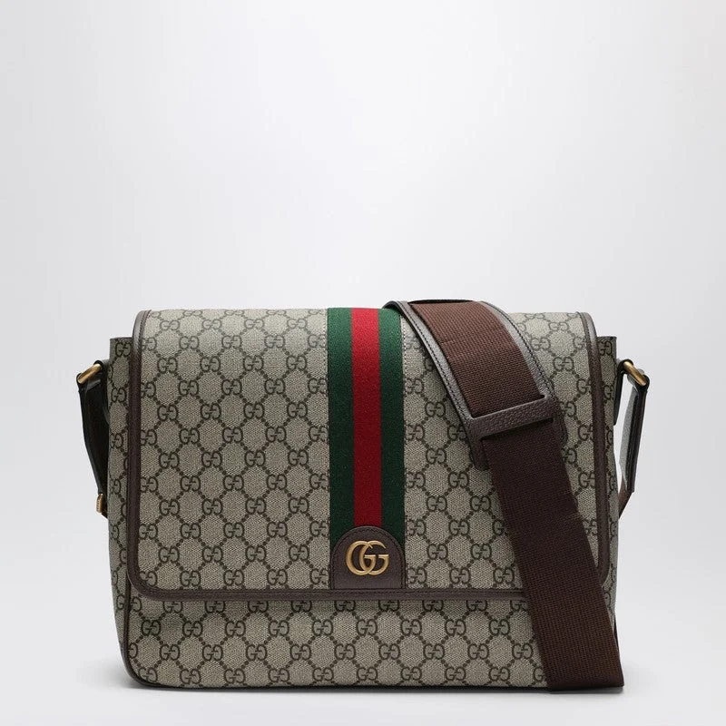 Gucci Shoulder Bag With Web Detail In Beige And Ebony Gg Fabric Men - 1