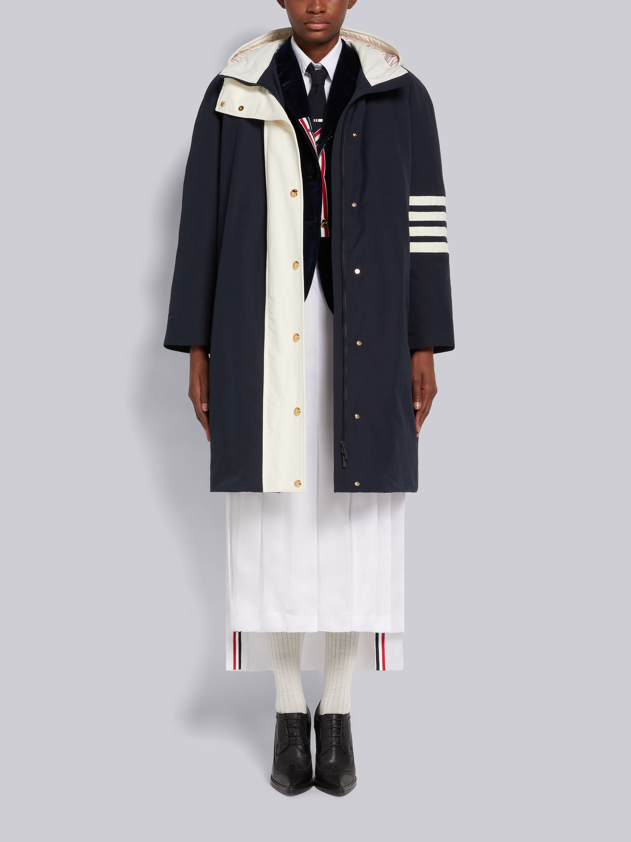 Navy Nylon Canvas Contrast 4-Bar Down-Filled Hooded Football Parka - 4