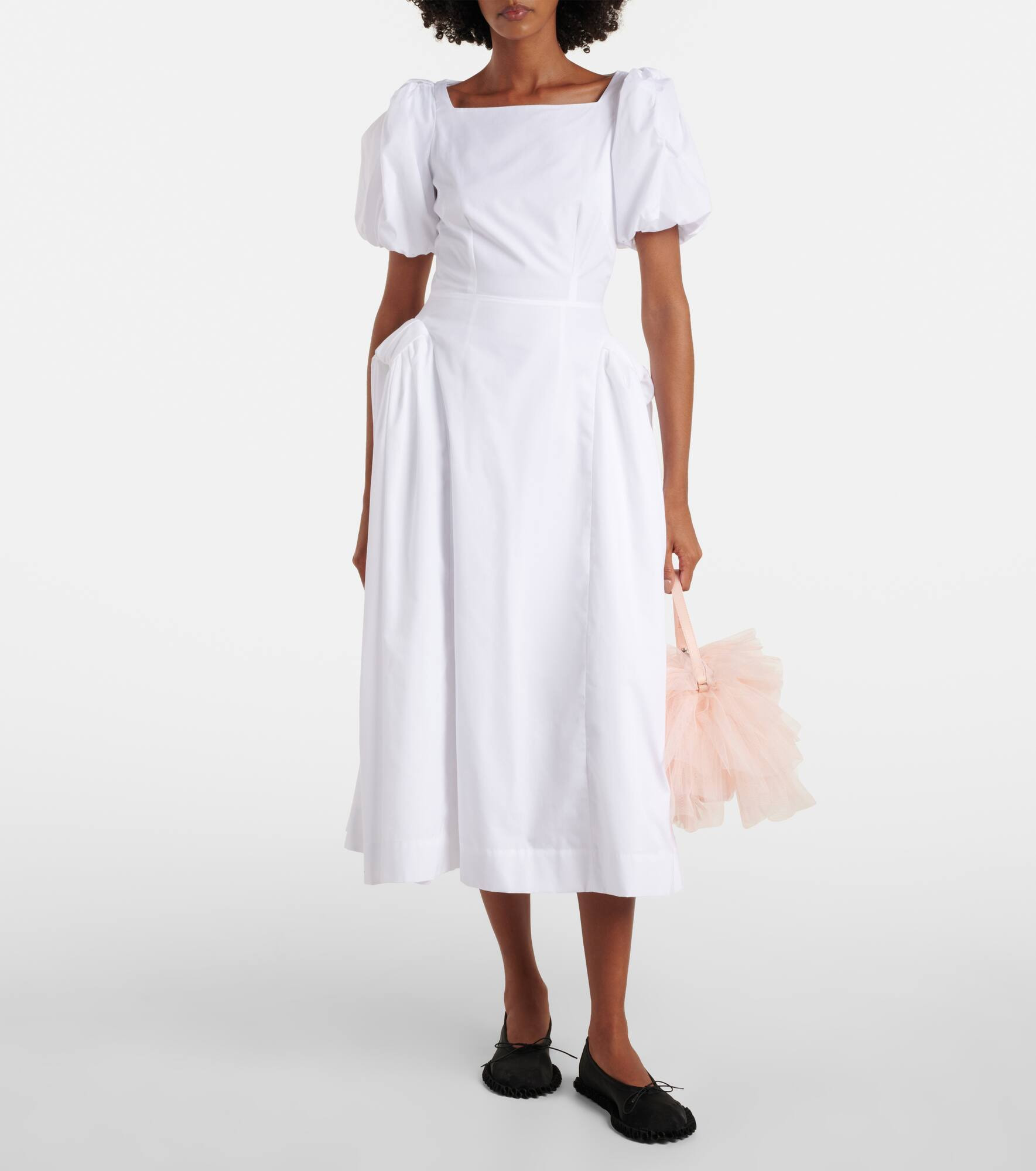 Puff-sleeve cotton poplin midi dress - 2