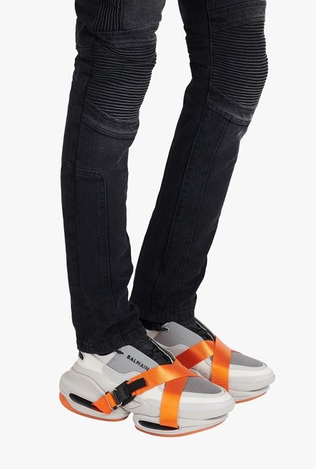 Gray and orange leather and knit B-Bold low-top sneakers with straps - 9