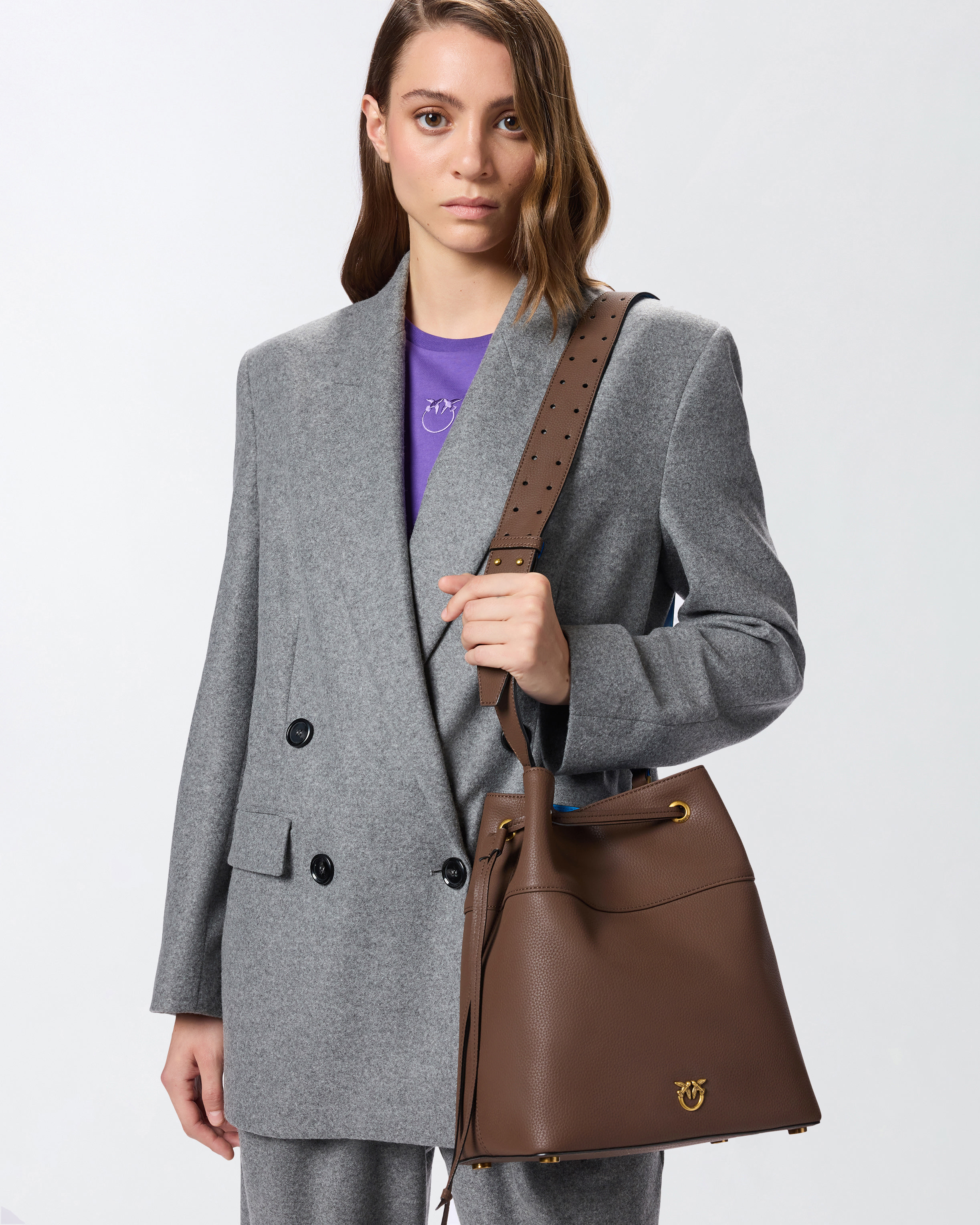MEDIUM FULL-GRAIN LEATHER BUCKET BAG WITH LOVE BIRDS LOGO - 6