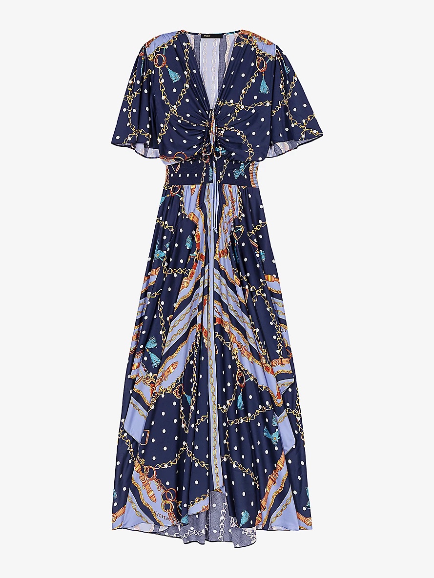 Chain-print asymmetric-hem woven maxi dress - 1