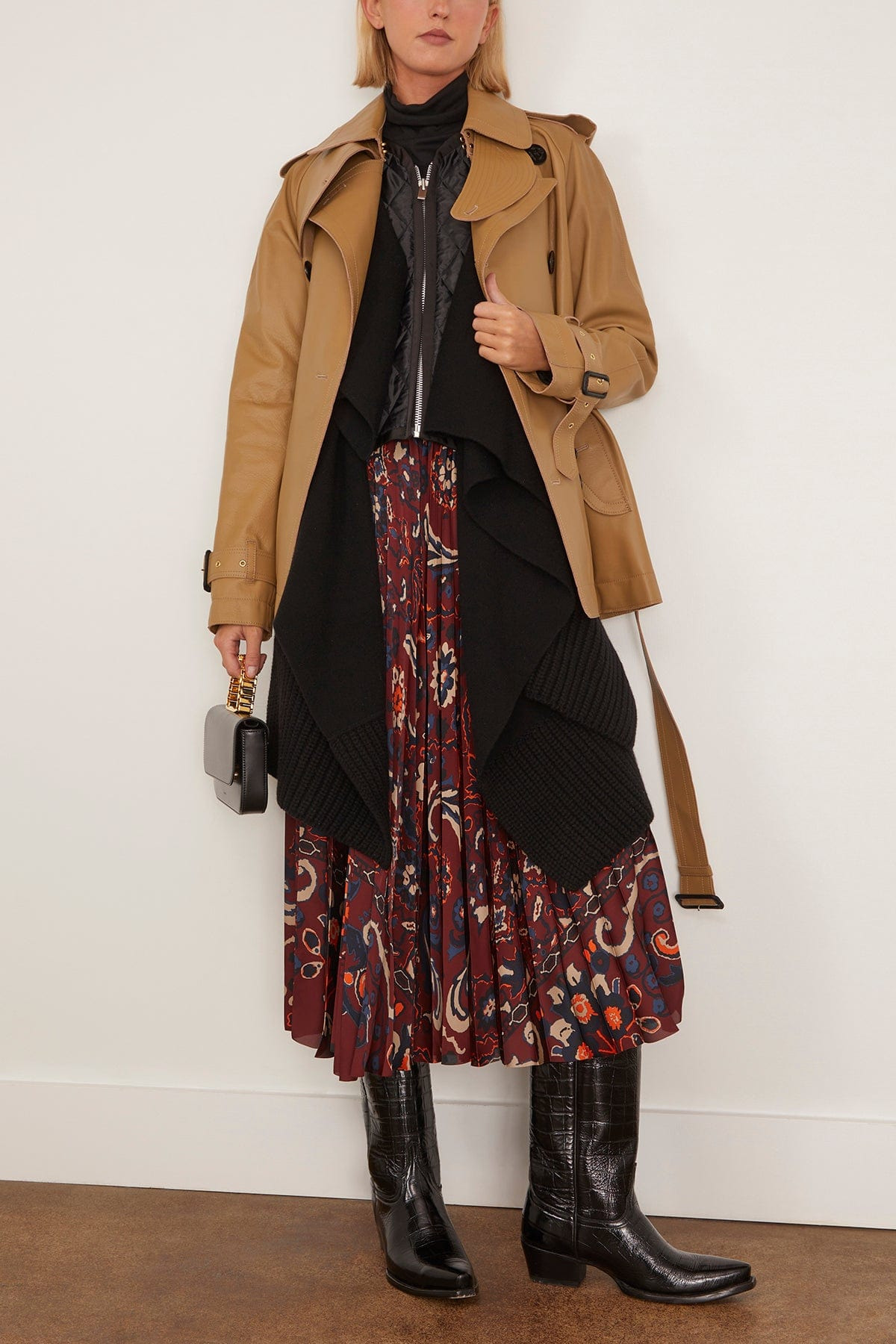 Leather Wool Knit Jacket in Beige/Black - 2