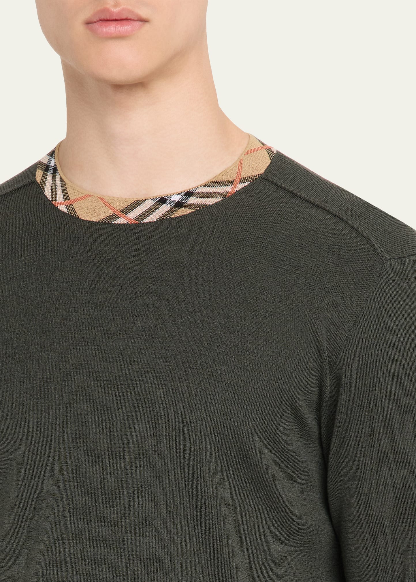 Men's Wool Knit Check-Trim Crewneck Sweater - 5
