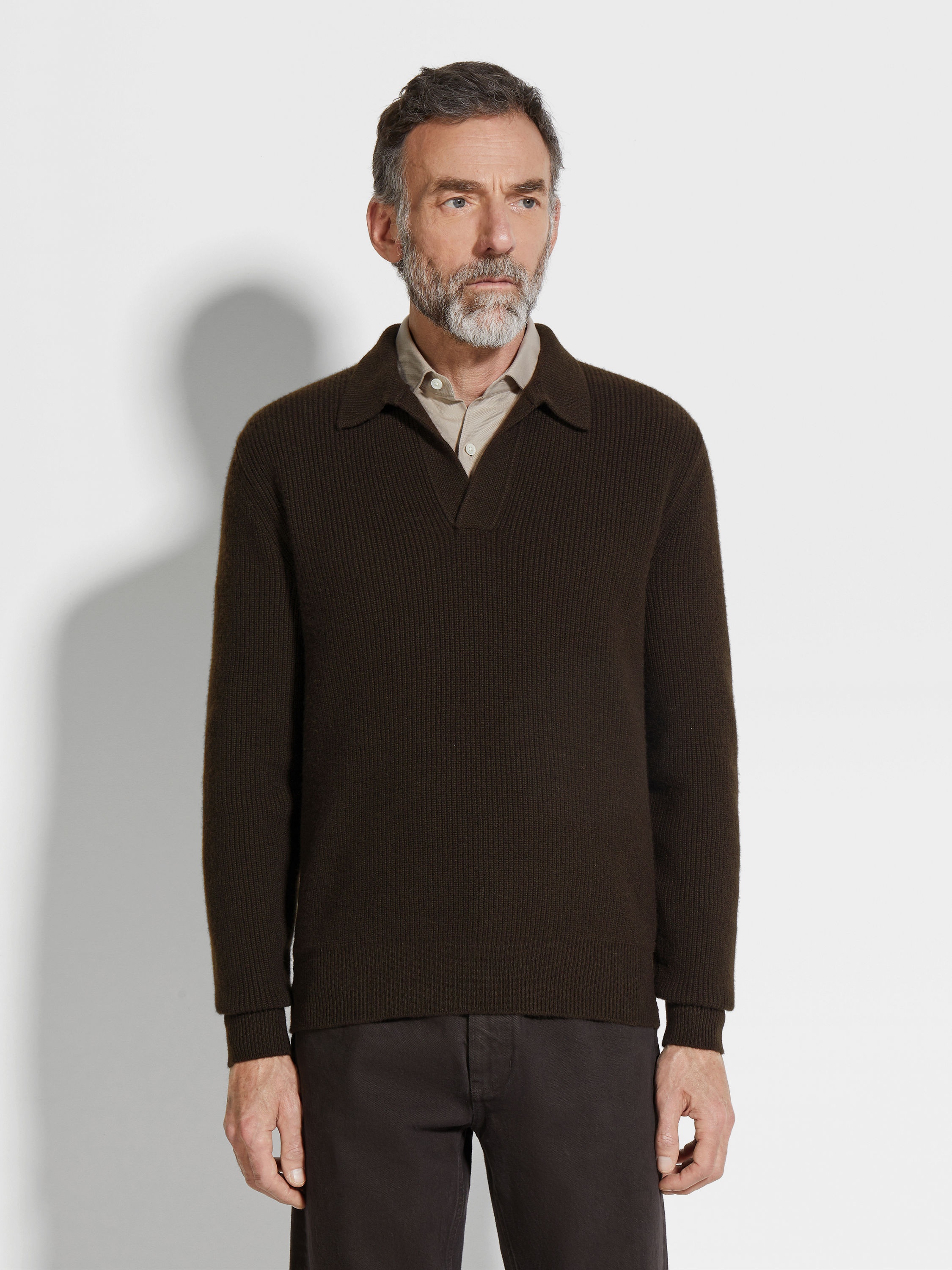 DARK BROWN MÉLANGE OASI CASHMERE POLO SHIRT - 4