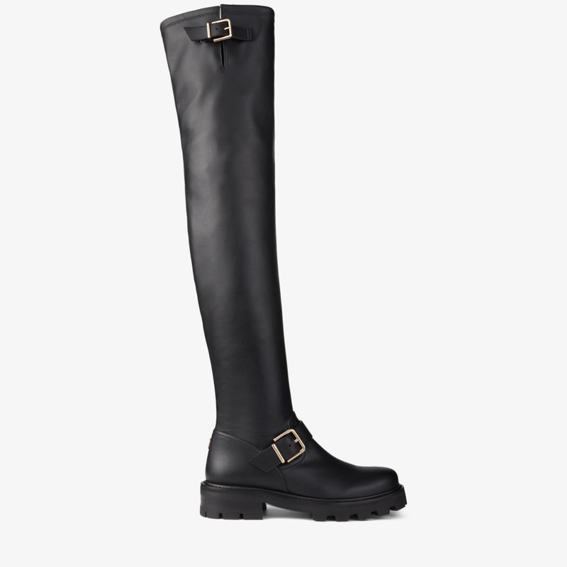 Biker II OTK Flat Black Stretch Bonded Fabric Knee-High Biker Boots - 1