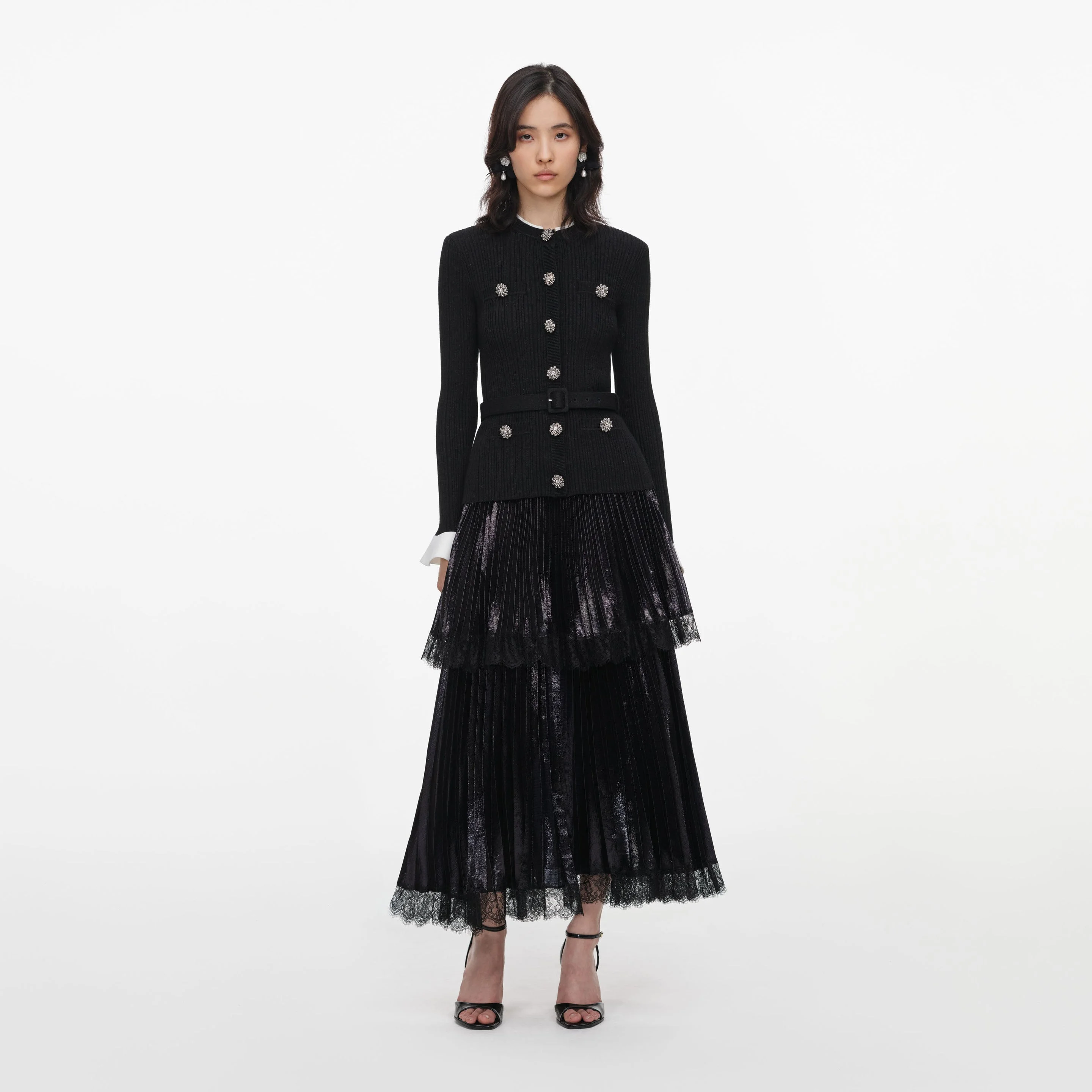 Black Knit Metallic Chiffon Midi Dress - 1