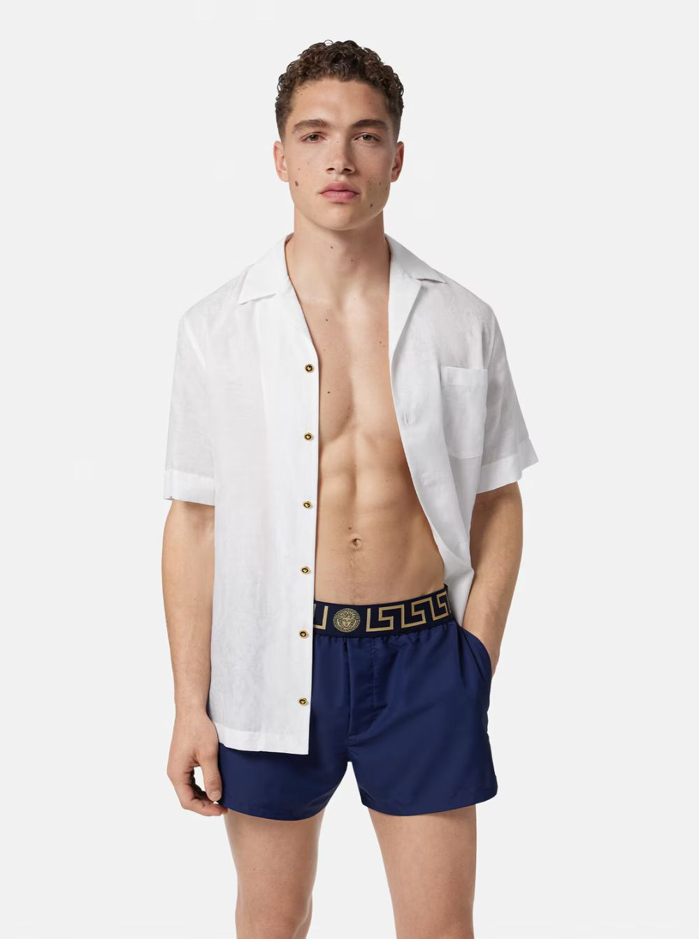 Versace Men Blue Swimsuit Shorts With Greca Detail In Tech Fabric Man - 4