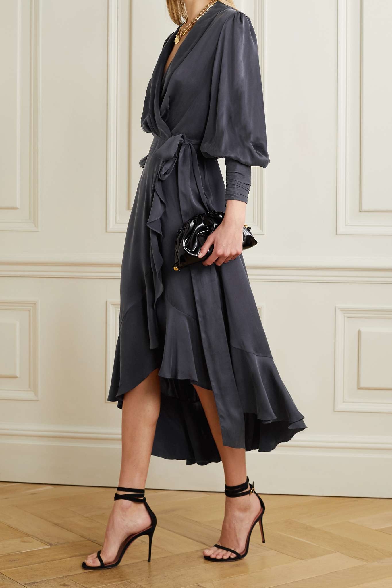 Asymmetric ruffled silk-satin wrap dress - 2