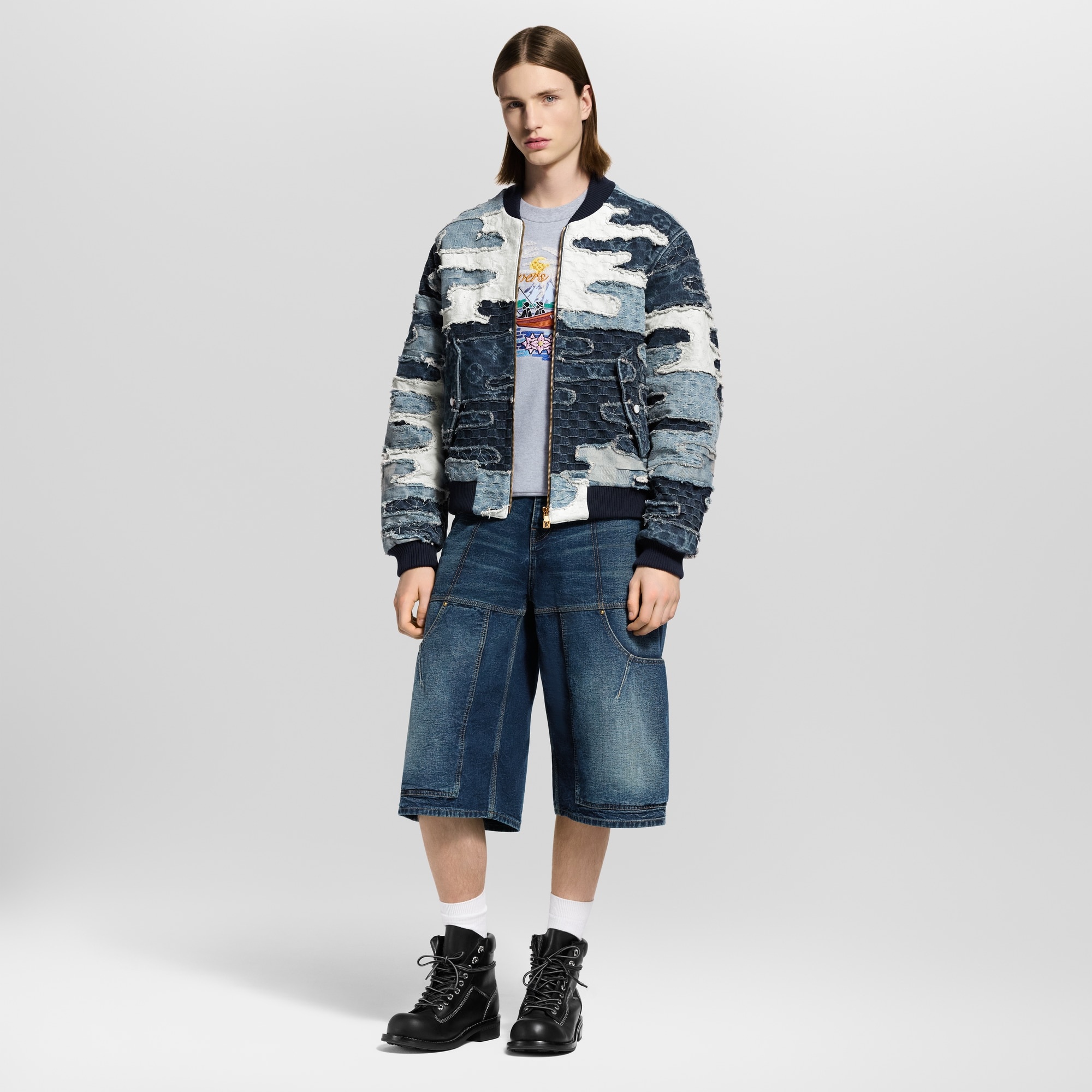 Patchwork Denim Bomber Jacket - 3