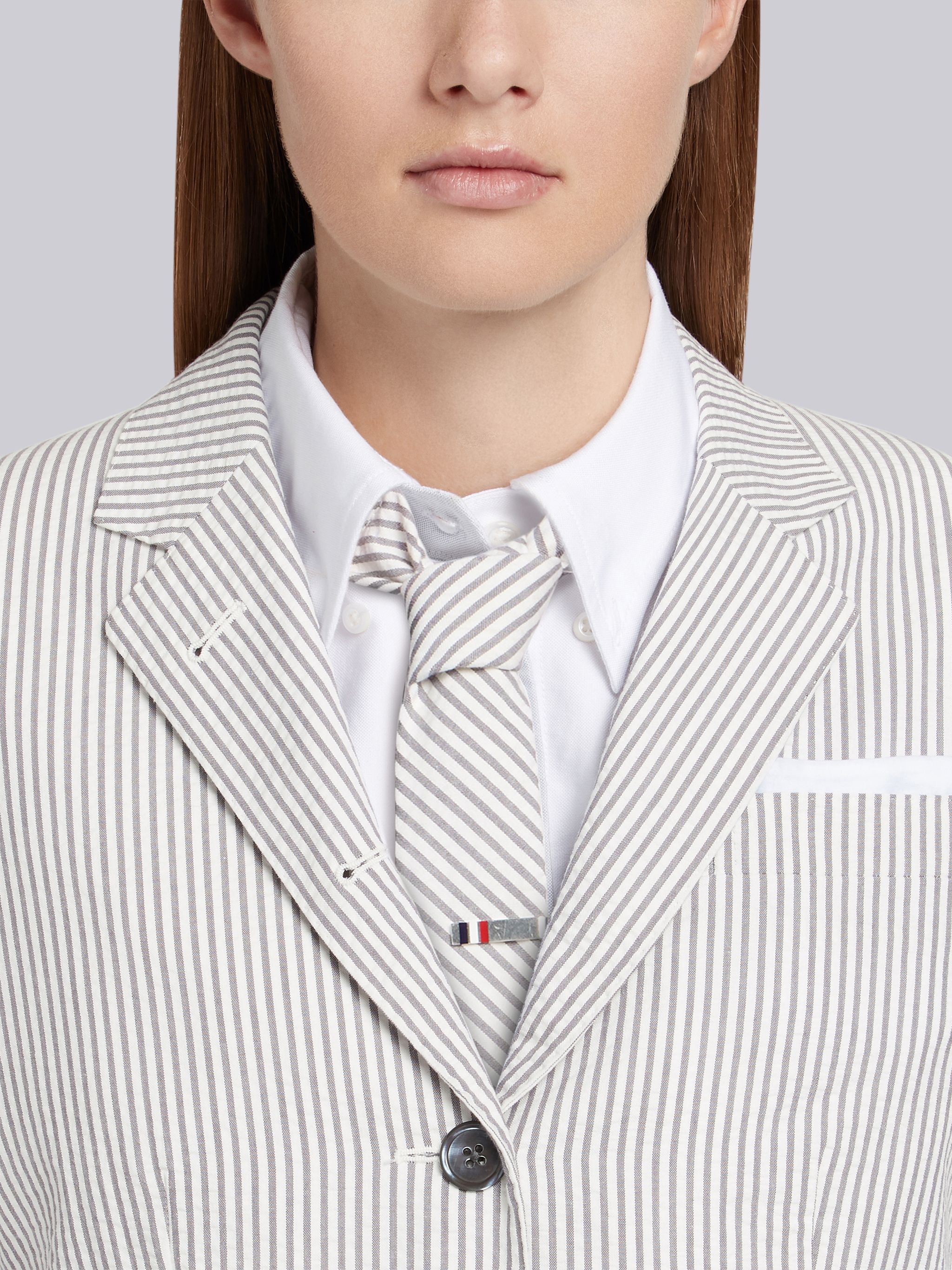 Medium Grey Striped Seersucker Half-lined Single Breasted High Armhole Sport Coat - 5